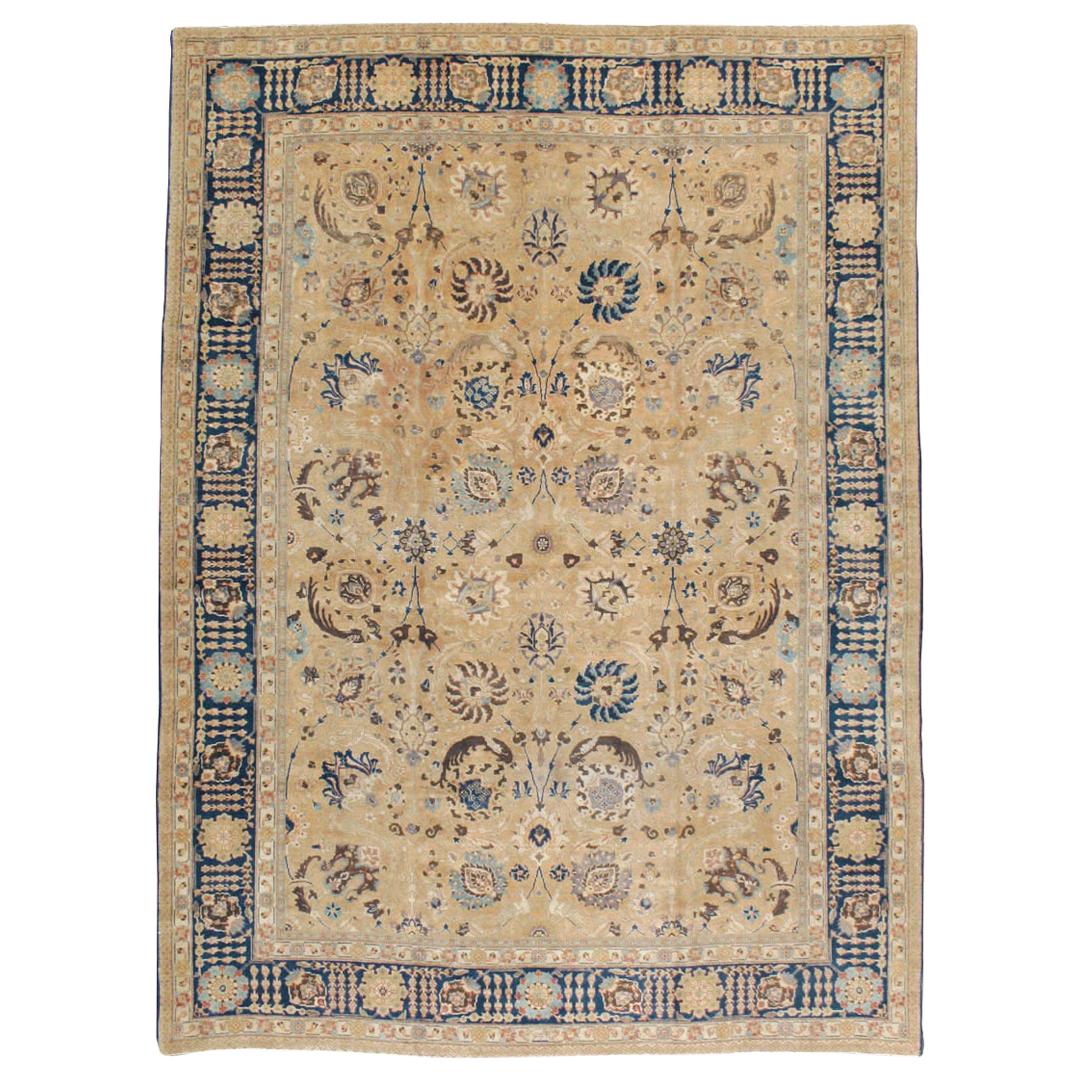 Early 20th Century Handmade Persian Tabriz Room Size Carpet In Cream & Blue For Sale