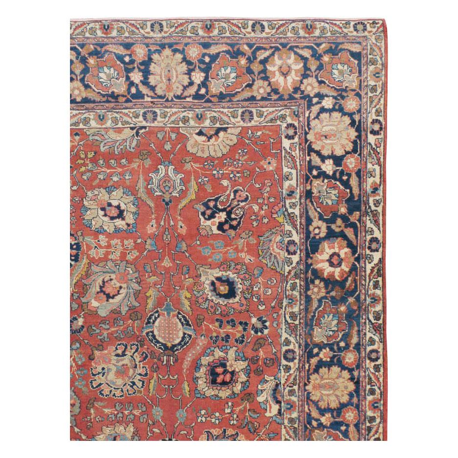 Hand-Knotted Early 20th Century Handmade Persian Tabriz Room Size Carpet in Red & Blue For Sale