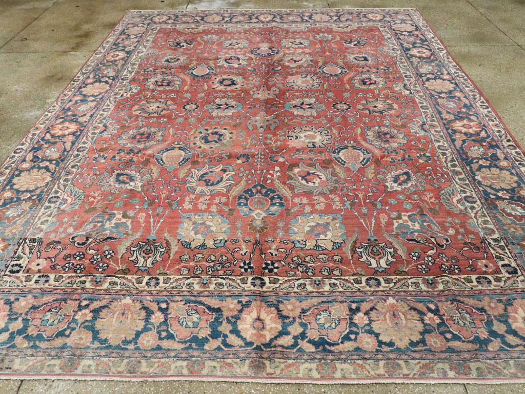 Early 20th Century Handmade Persian Tabriz Room Size Carpet in Red & Blue In Excellent Condition For Sale In New York, NY
