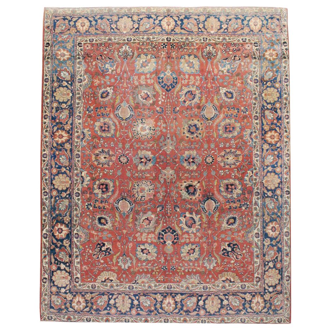 Early 20th Century Handmade Persian Tabriz Room Size Carpet in Red & Blue
