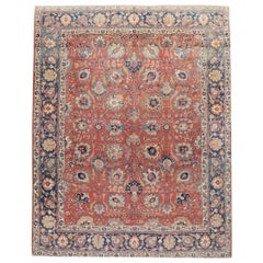 Alfombra persa Tabriz de principios del siglo XX, roja y azul, hecha a mano, para habitaciones