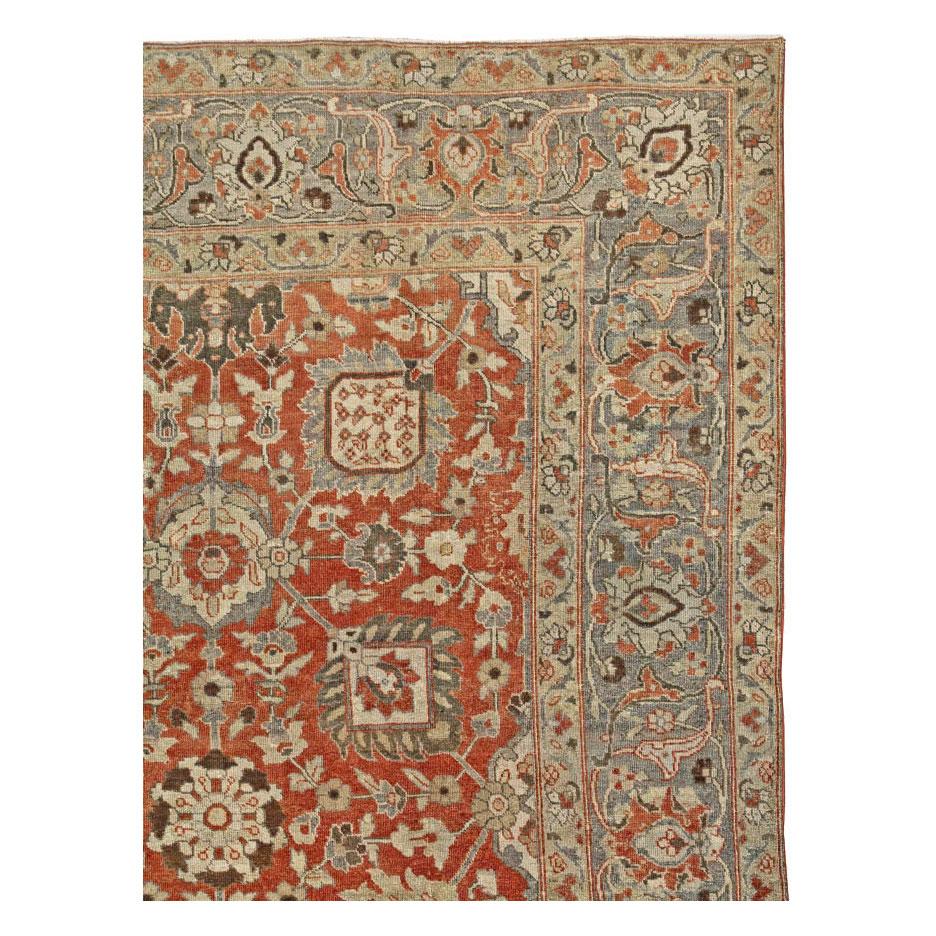 Hand-Knotted Early 20th Century Handmade Persian Tabriz Room Size Carpet in Rust and Grey For Sale