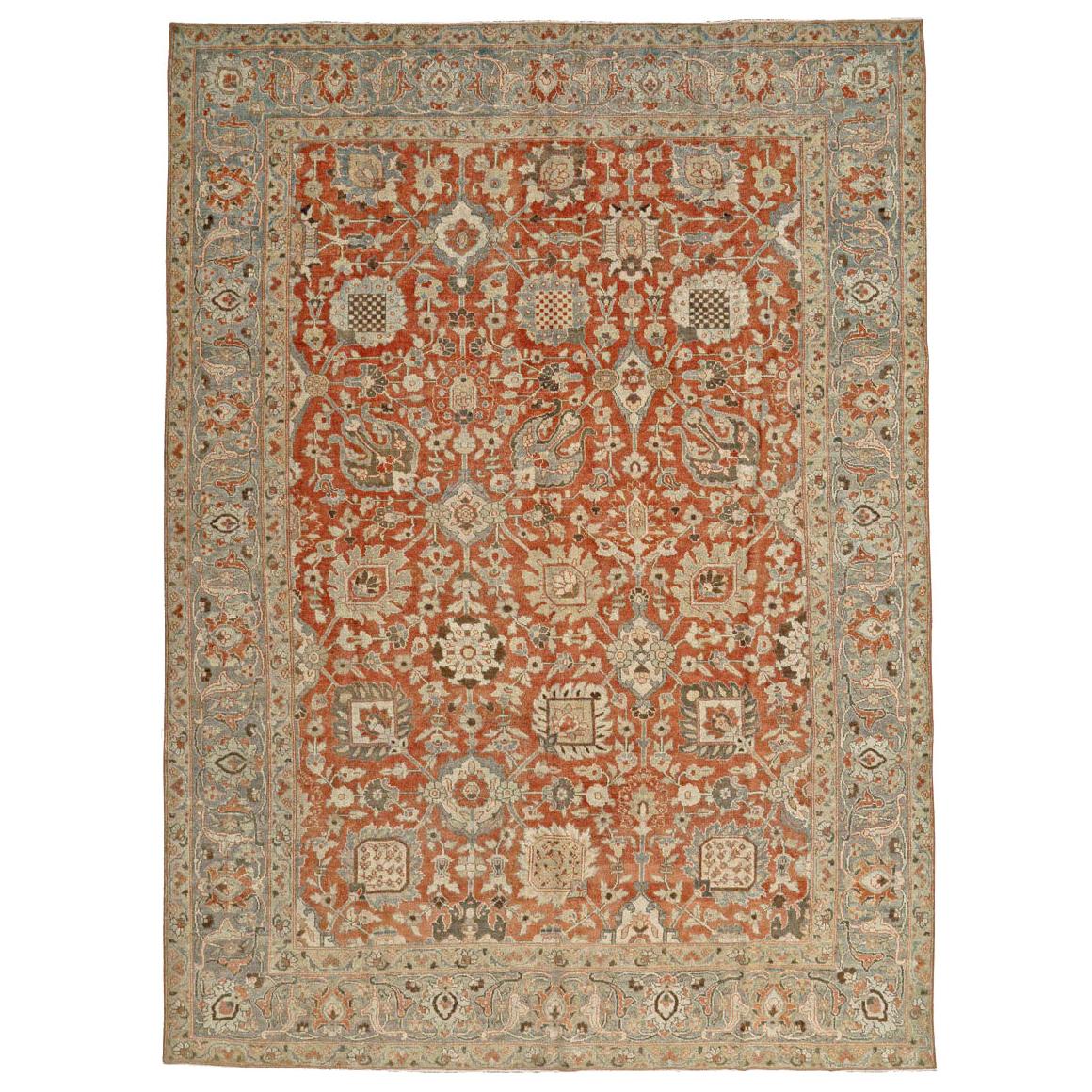 Early 20th Century Handmade Persian Tabriz Room Size Carpet in Rust and Grey