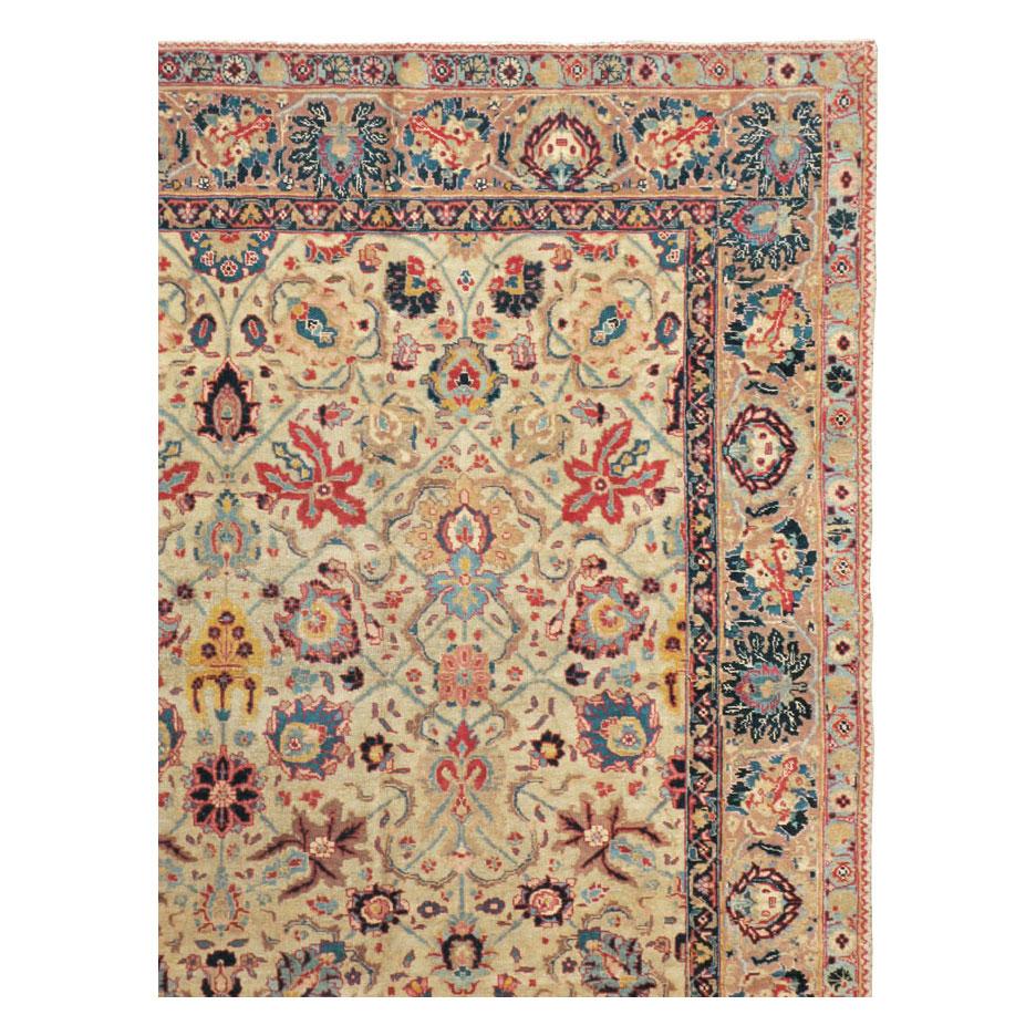 Hand-Knotted Early 20th Century Handmade Persian Tabriz Small Room Size Carpet in Jewel Tones For Sale