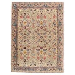 Antique Early 20th Century Handmade Persian Tabriz Small Room Size Carpet in Jewel Tones