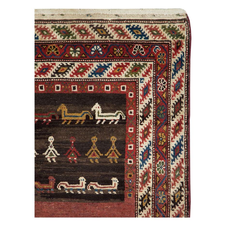 Hand-Knotted Early 20th Century Handmade Persian Tribal Pictorial Kurd Runner For Sale