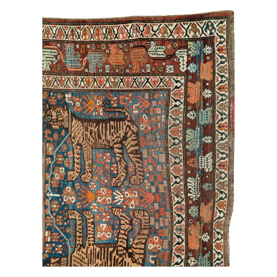 Hand-Knotted Early 20th Century Handmade Persian Tribal Pictorial Shiraz Accent Rug For Sale