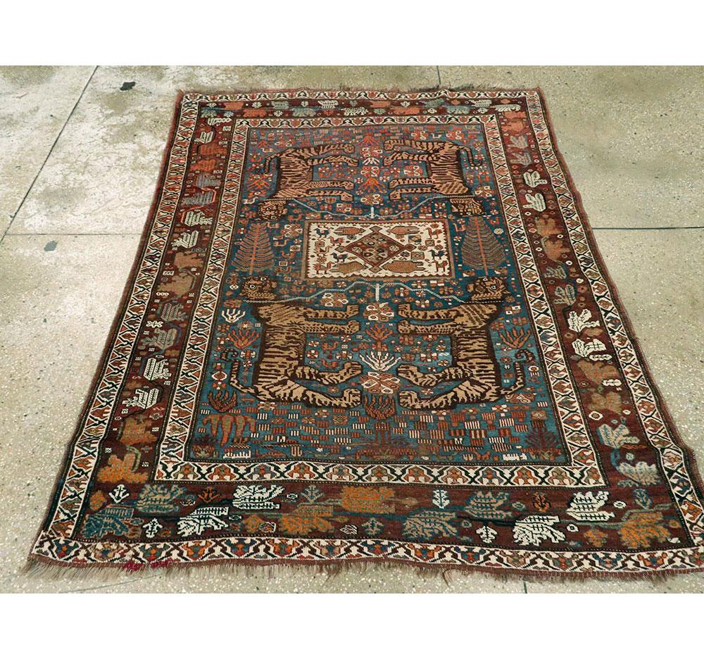 Early 20th Century Handmade Persian Tribal Pictorial Shiraz Accent Rug In Good Condition For Sale In New York, NY