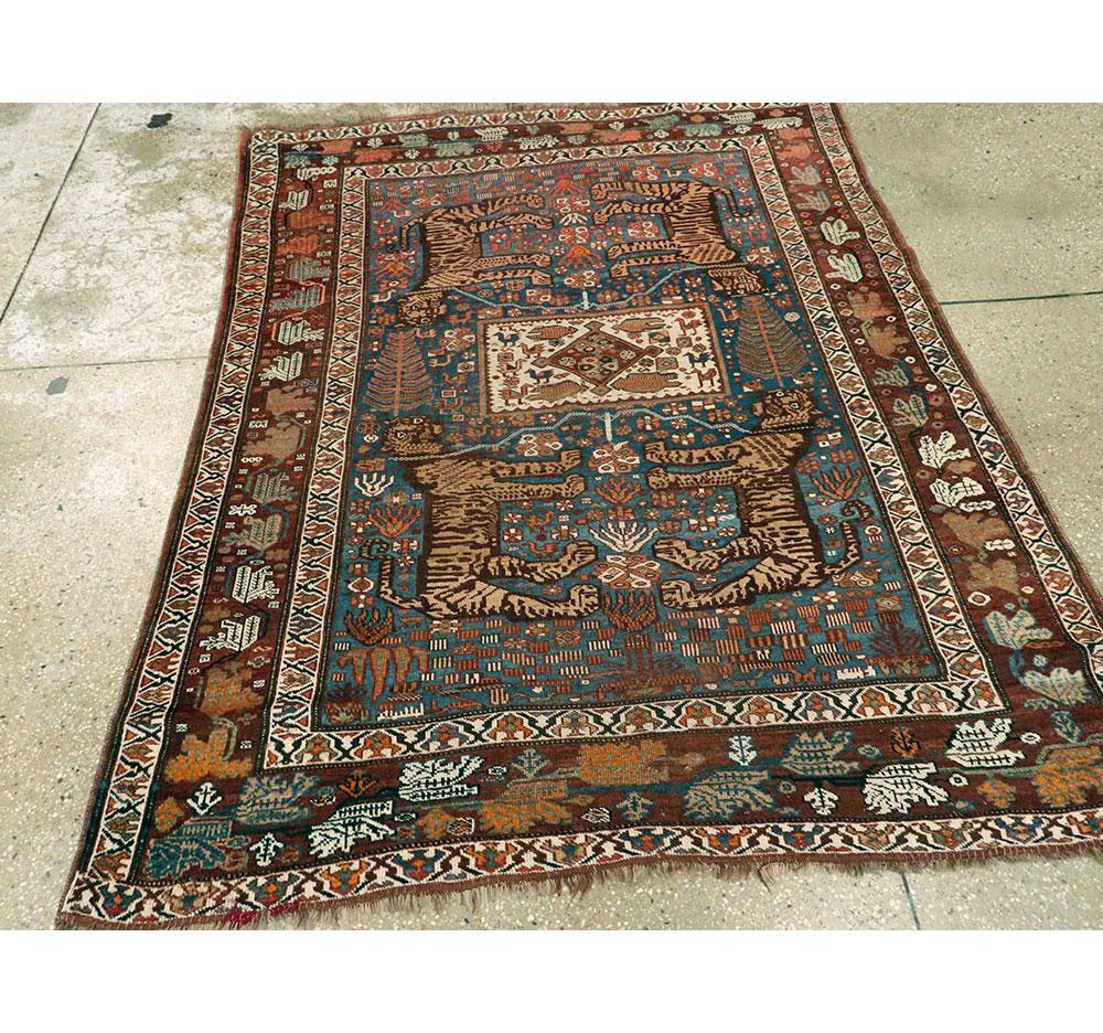Wool Early 20th Century Handmade Persian Tribal Pictorial Shiraz Accent Rug For Sale
