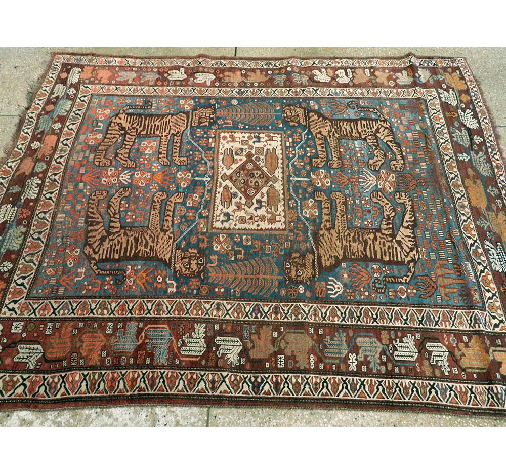 Early 20th Century Handmade Persian Tribal Pictorial Shiraz Accent Rug For Sale 2