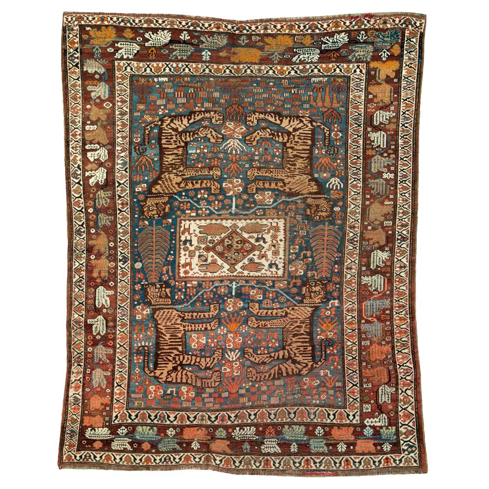 Early 20th Century Handmade Persian Tribal Pictorial Shiraz Accent Rug For Sale