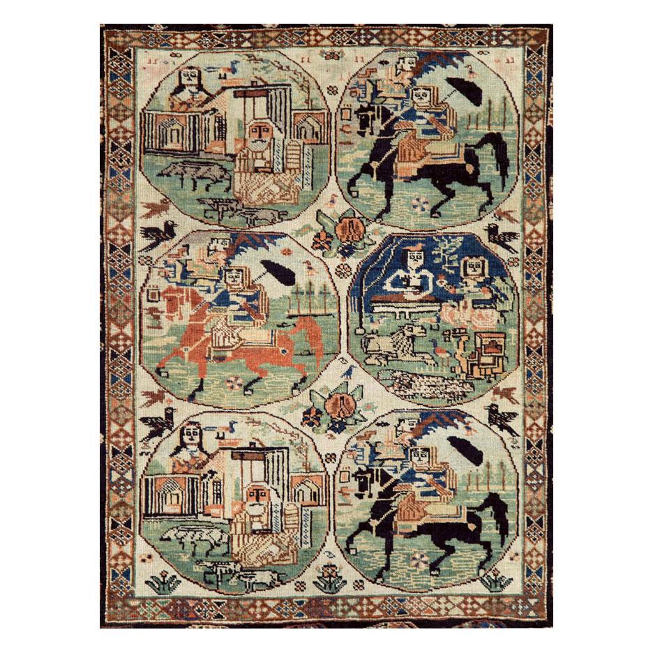 An antique Persian tribal Shiraz accent rug handmade during the early 20th century with a medallion incorporating 6 globes representing a pictorial depiction of Classic tales.

Measures: 6' 2