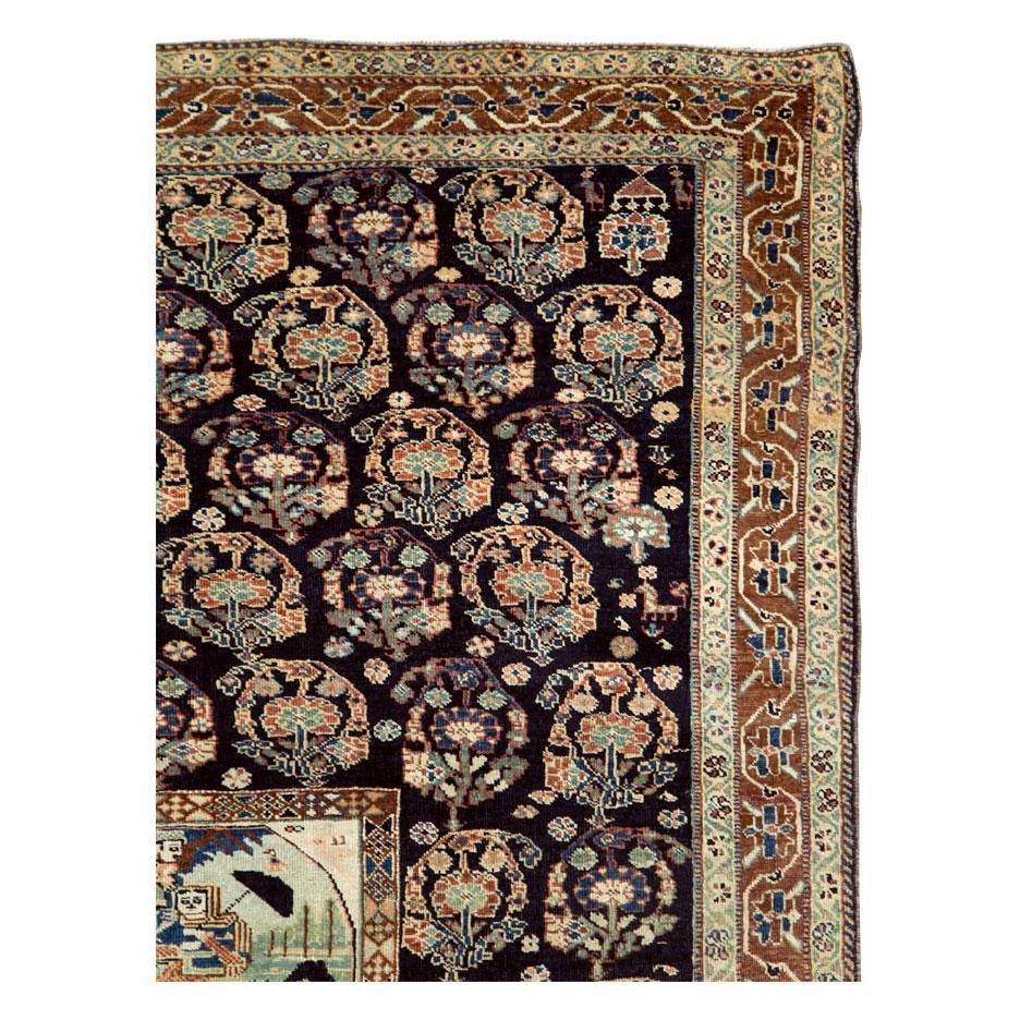 Folk Art Early 20th Century Handmade Persian Tribal Pictorial Story Accent Rug For Sale