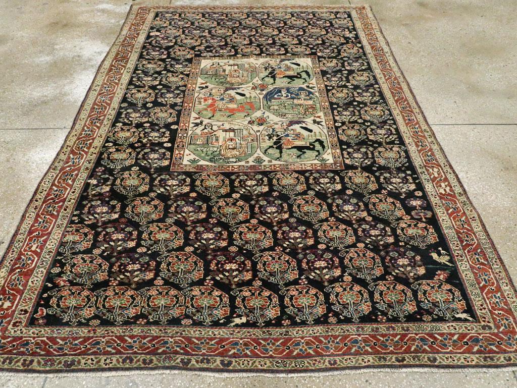 Hand-Knotted Early 20th Century Handmade Persian Tribal Pictorial Story Accent Rug For Sale