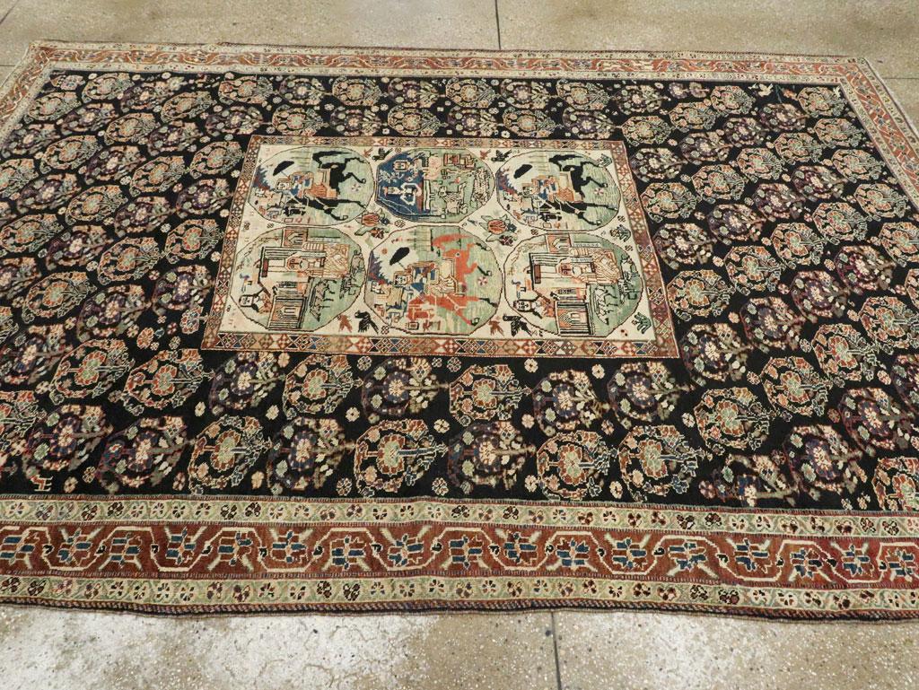 Early 20th Century Handmade Persian Tribal Pictorial Story Accent Rug For Sale 2