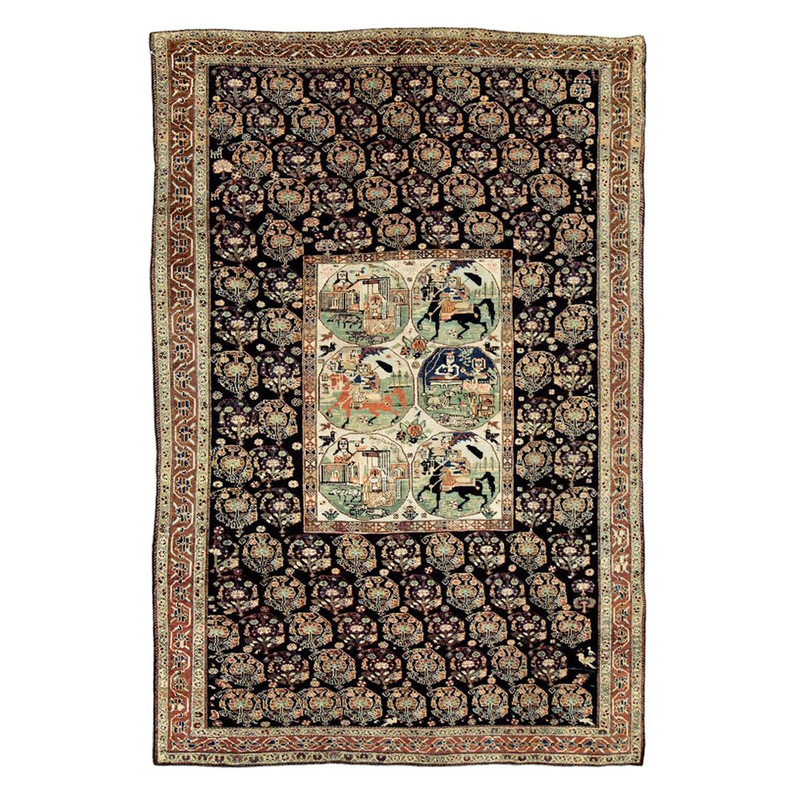 Early 20th Century Handmade Persian Tribal Pictorial Story Accent Rug For Sale