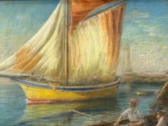 Dessin au pastel sous verre du début du 20e siècle sur un port maritime