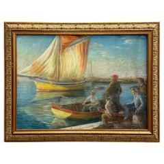 Dessin au pastel sous verre du début du 20e siècle sur un port maritime