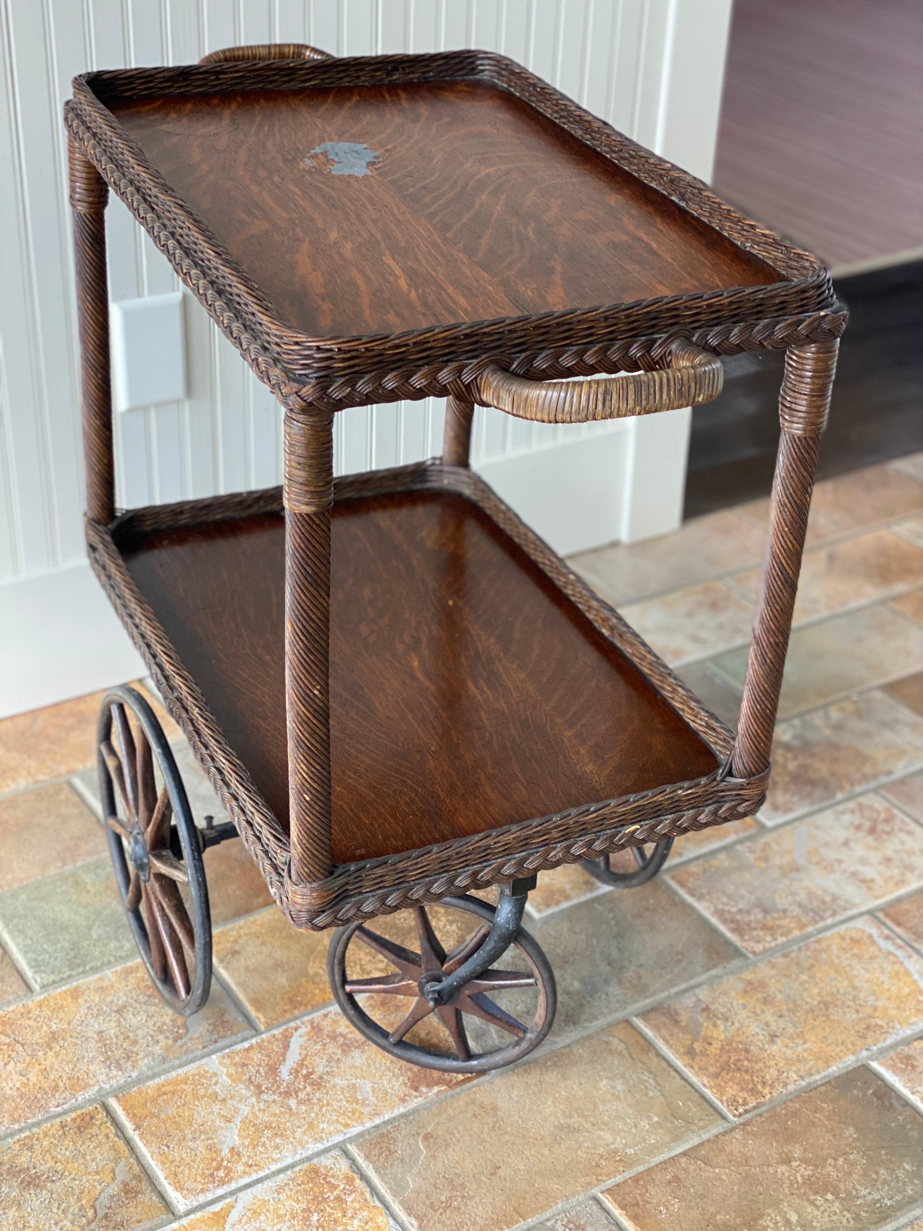 American Early 20th Century Haywood Wakefield Oak & Wicker Tea/Bar Cart