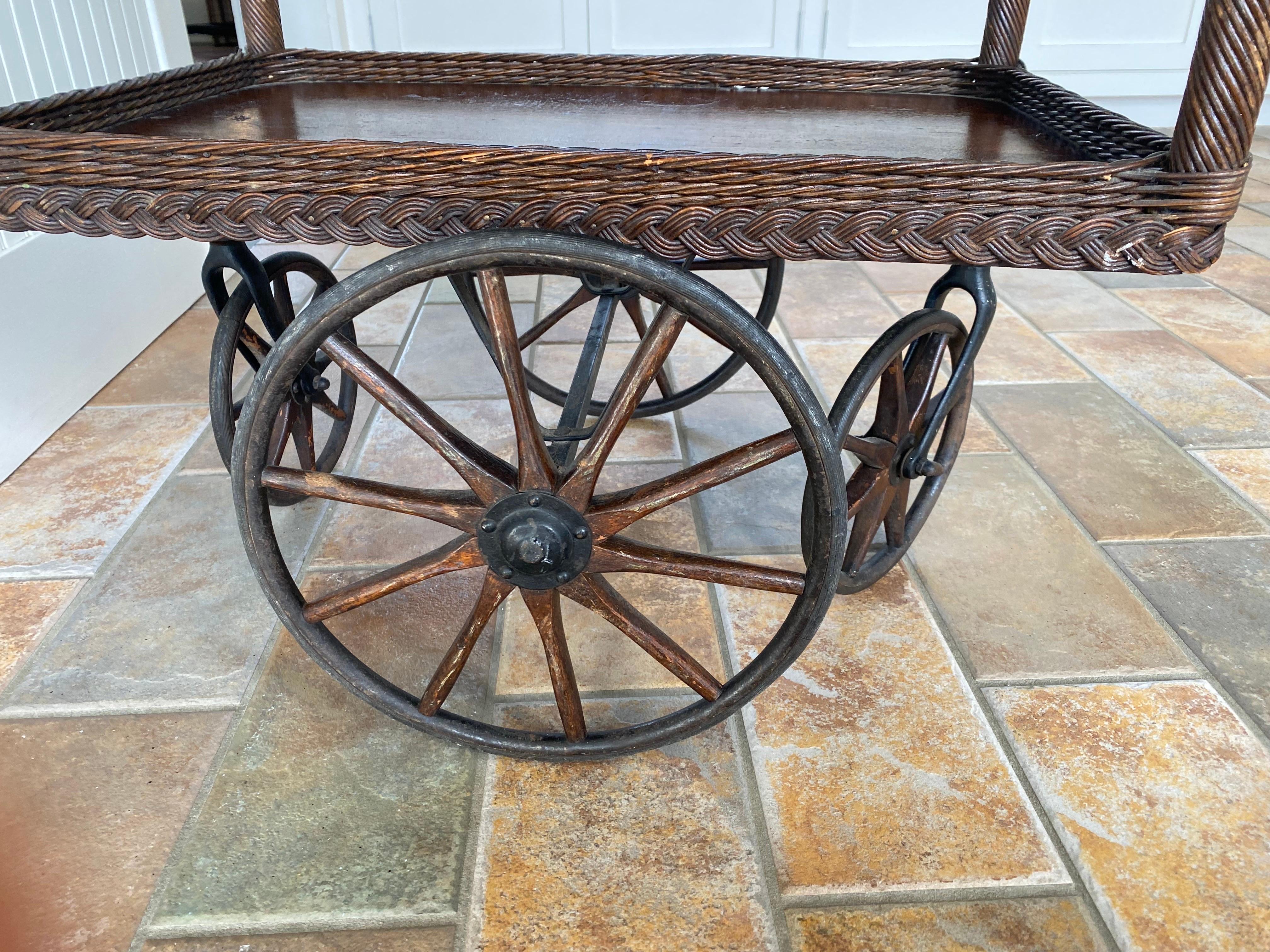 Early 20th Century Haywood Wakefield Oak & Wicker Tea/Bar Cart 1