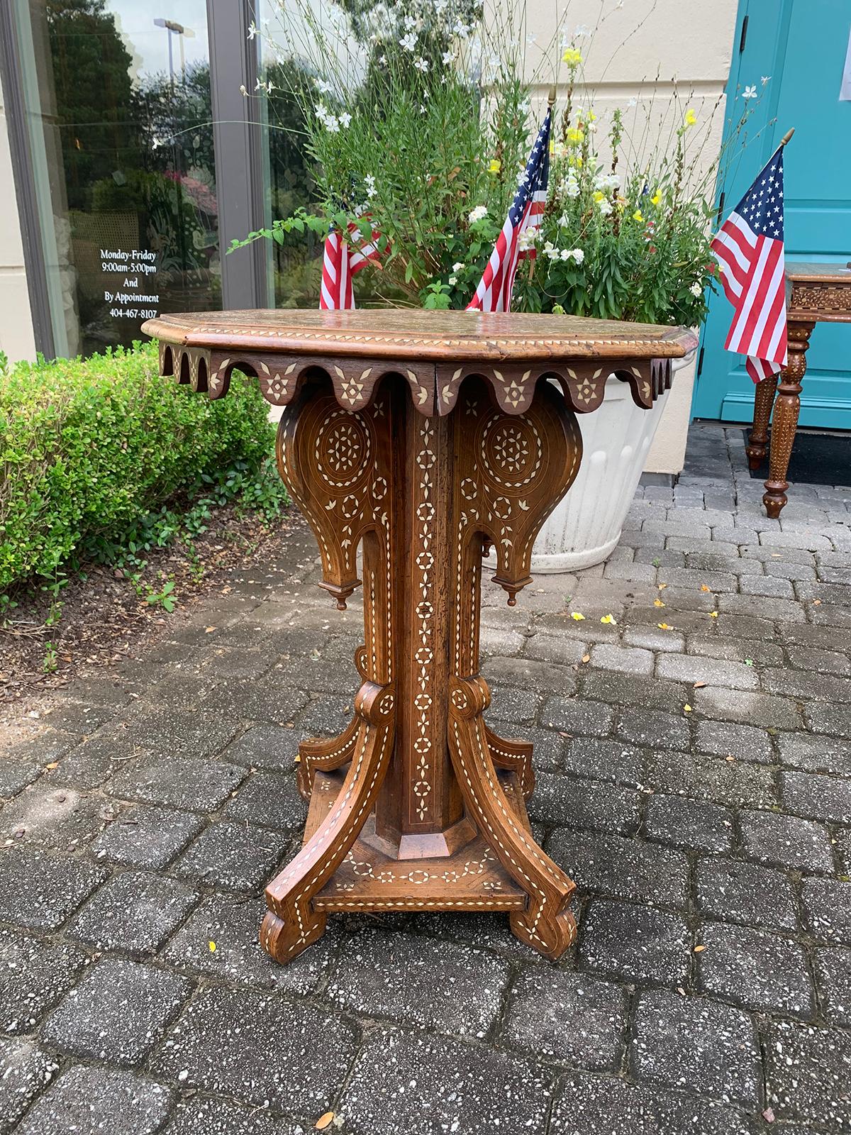 Early 20th century Anglo-Syrian or Anglo-Indian heavily inlaid teak and satinwood octagonal side table.