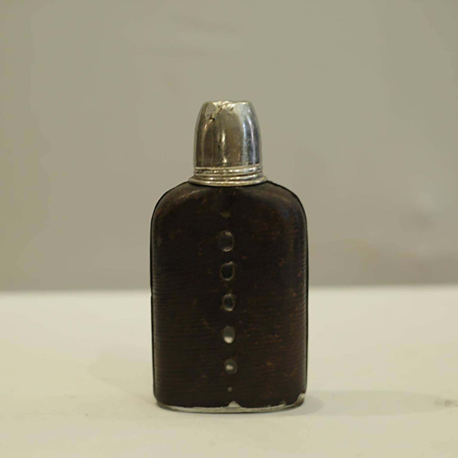 Early 20th Century Heavy Glass and Leather Flask with Silver Plated Cup 1