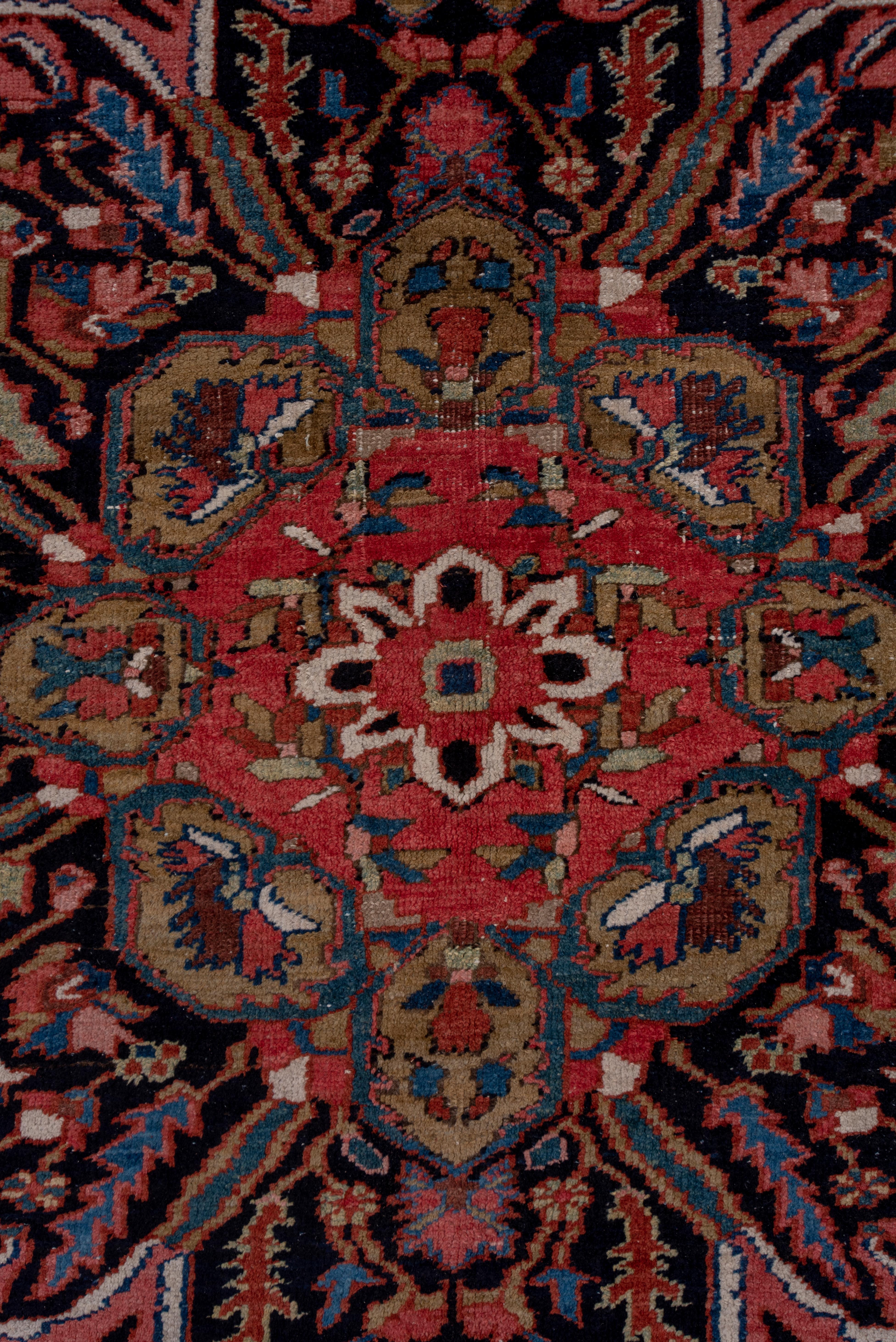 With very crisp colors, but with some spot worn areas, this solidly woven NW Persian village carpet shows the traditional madder red field centred by a deeply lobed octofoil medallion in navy, tonally matching the bent leaf and rosette main border.