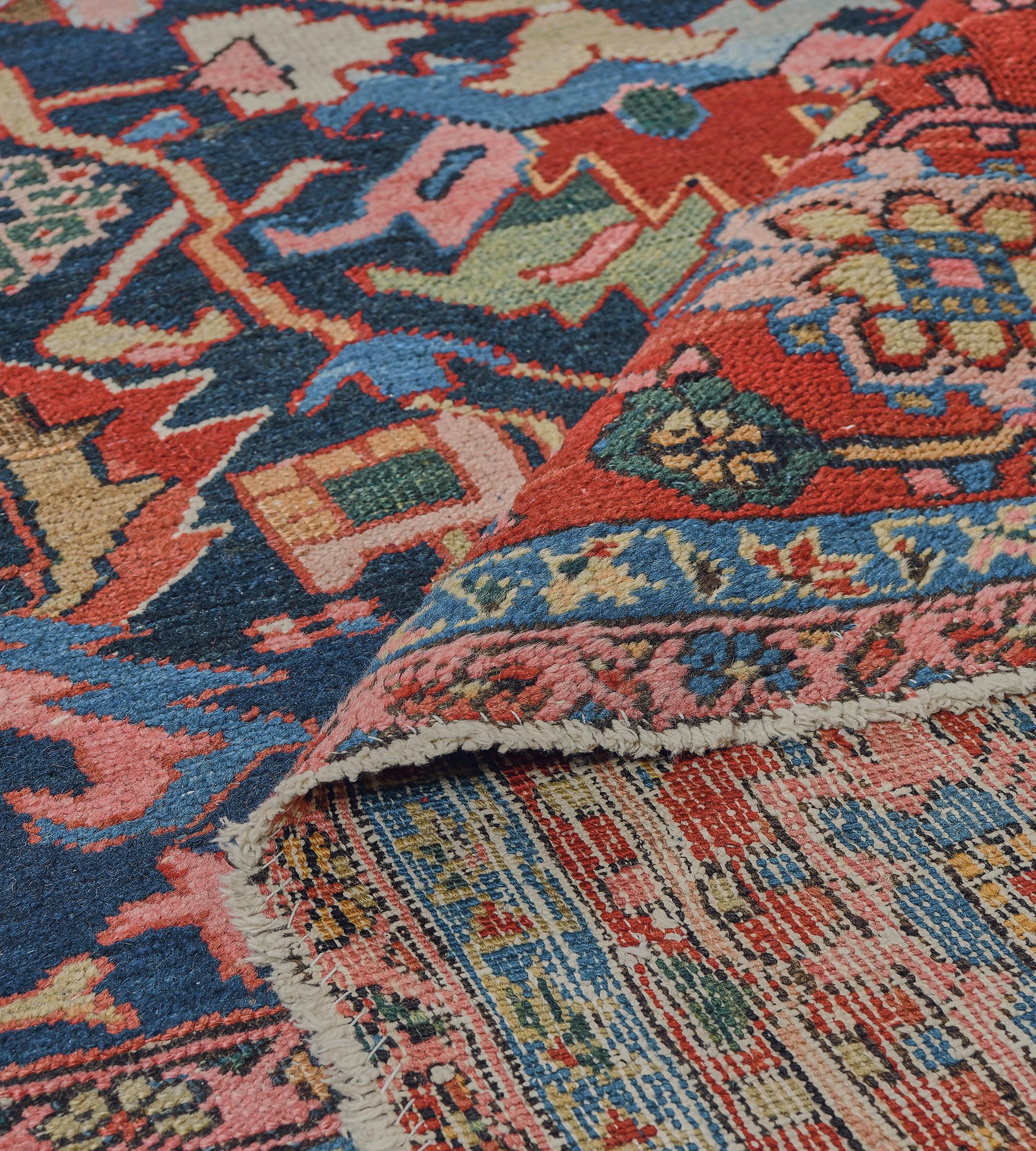 Hand-woven Traditional Red and Indigo Floral Heriz Rug from North West Persia For Sale 2