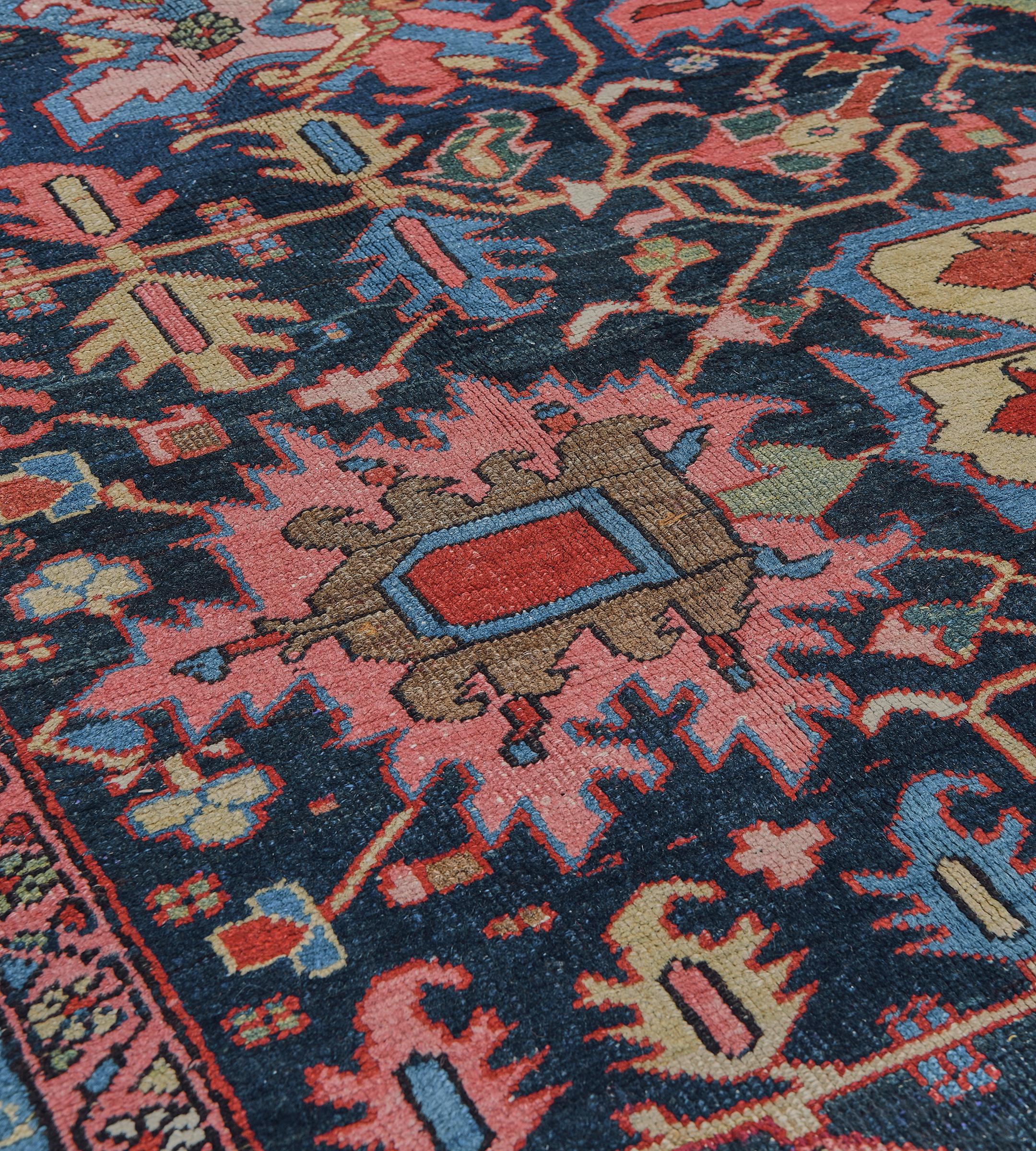Heriz Serapi Hand-woven Traditional Red and Indigo Floral Heriz Rug from North West Persia For Sale
