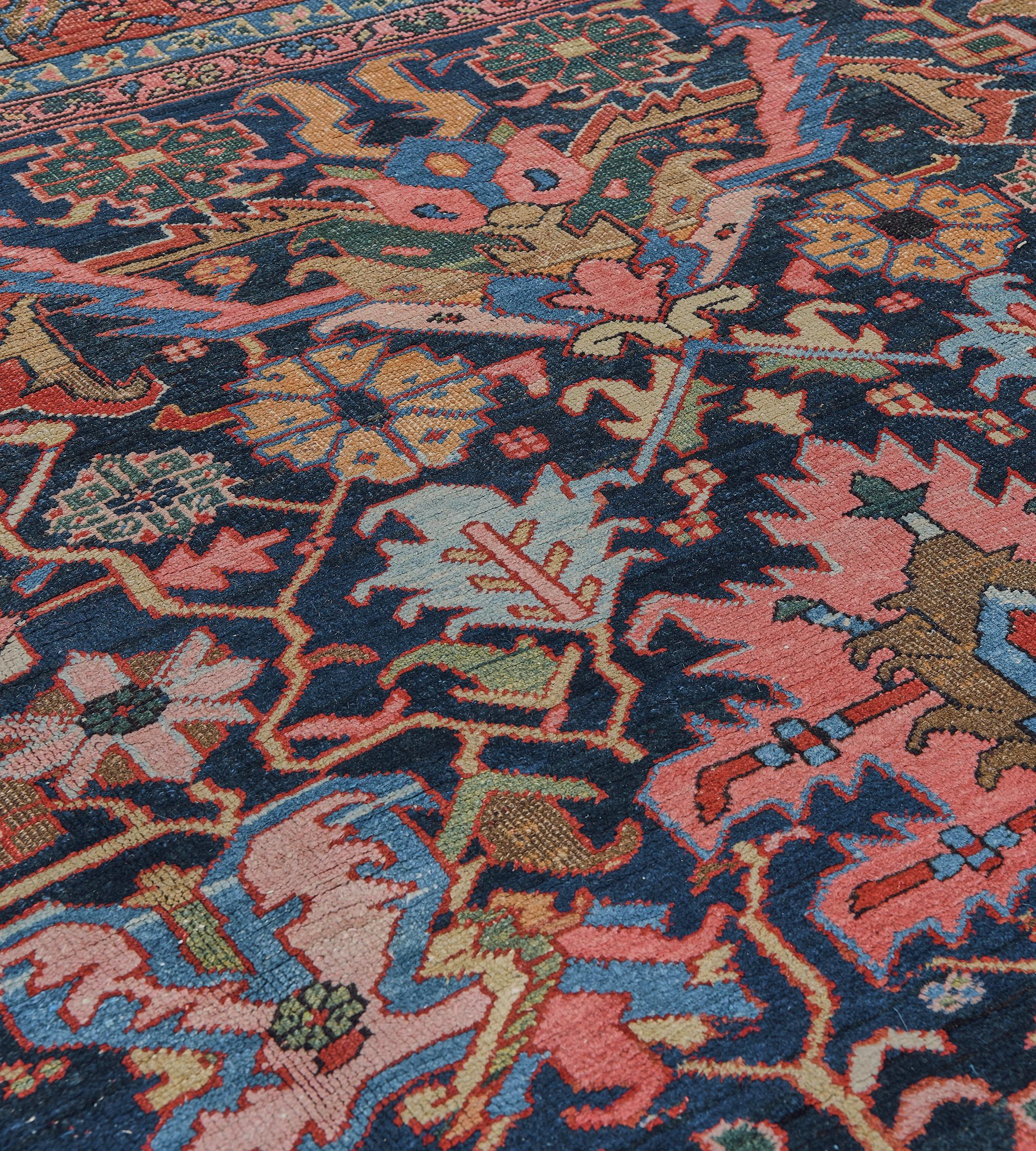 Persian Hand-woven Traditional Red and Indigo Floral Heriz Rug from North West Persia For Sale