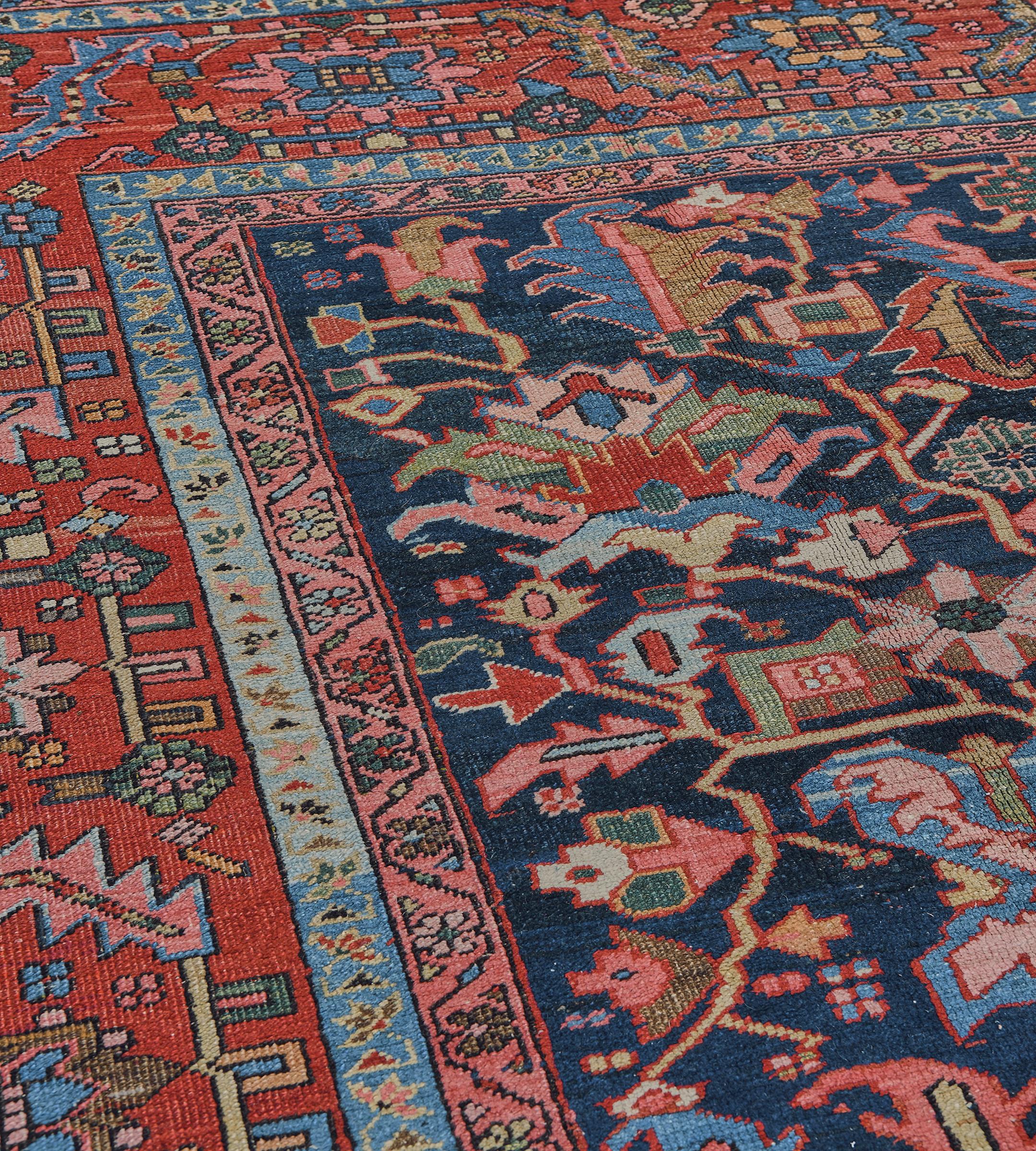 Woven Hand-woven Traditional Red and Indigo Floral Heriz Rug from North West Persia For Sale