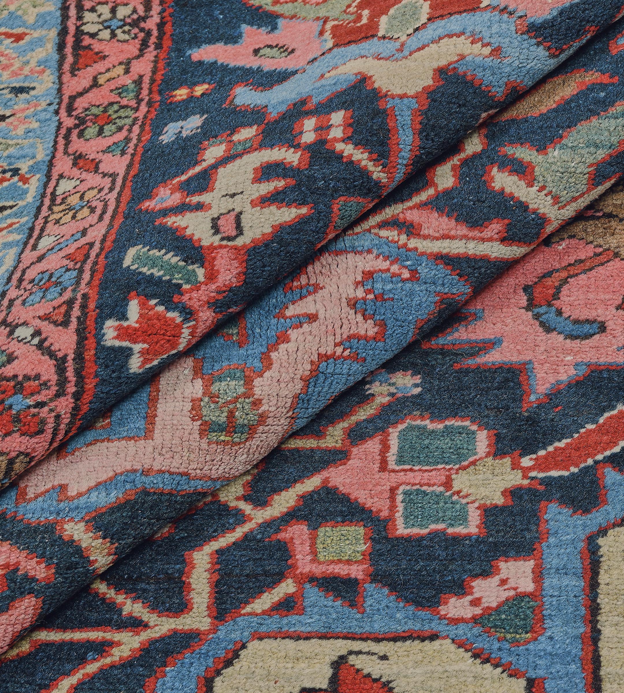 Hand-woven Traditional Red and Indigo Floral Heriz Rug from North West Persia For Sale 1