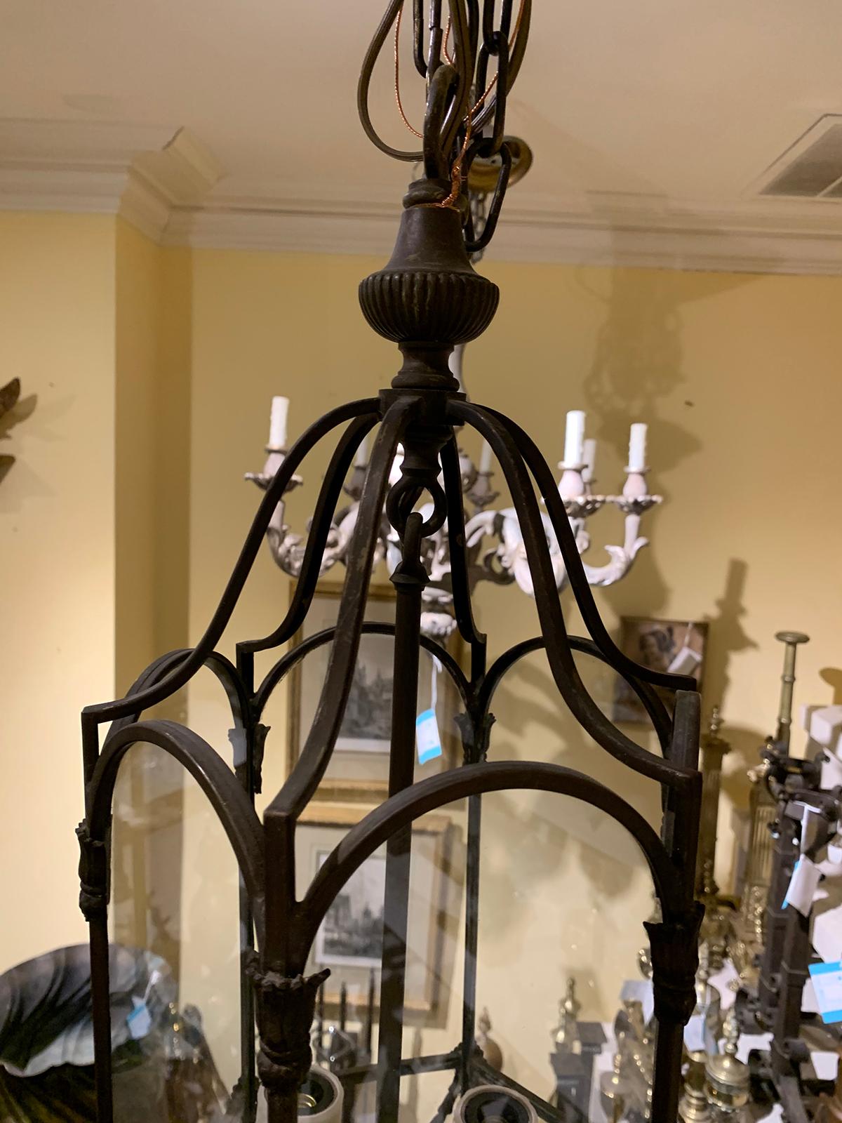 Early 20th Century Hexagonal Bronze Three-Light Hall Lantern For Sale 7