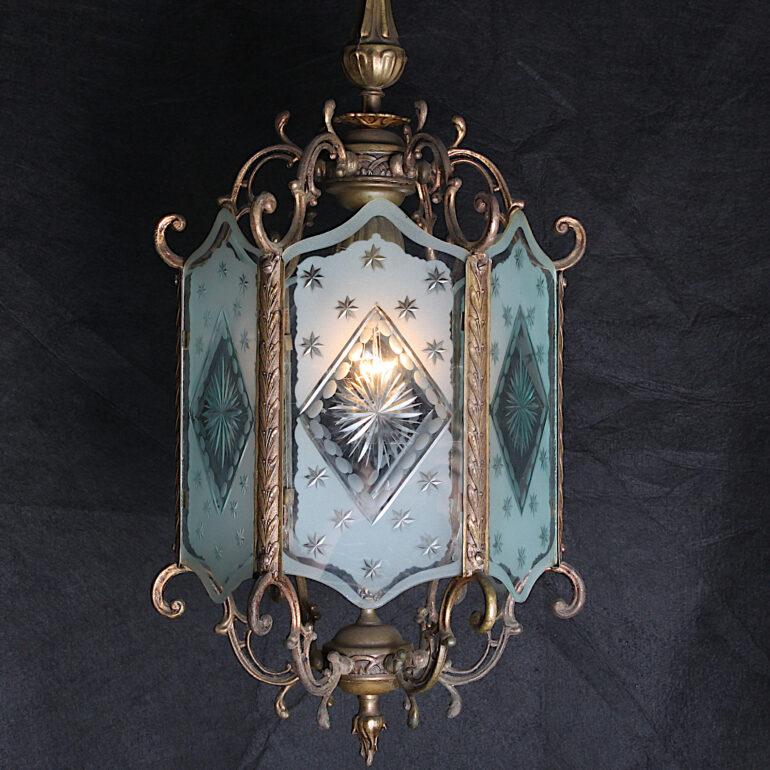 French Early 20th Century Hexagonal Etched and Cut Glass Brass-Framed Lantern