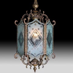 Early 20th Century Hexagonal Etched and Cut Glass Brass-Framed Lantern