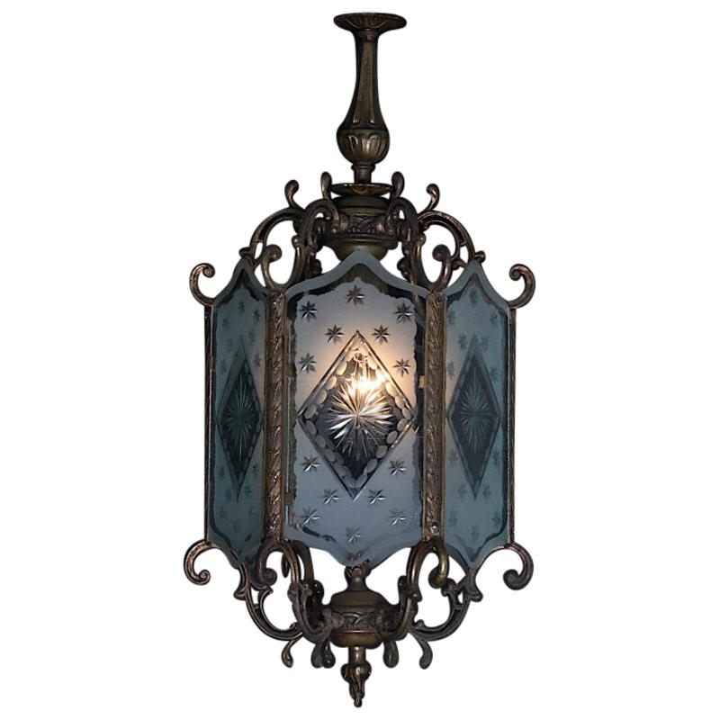 Early 20th Century Hexagonal Etched and Cut Glass Brass-Framed Lantern