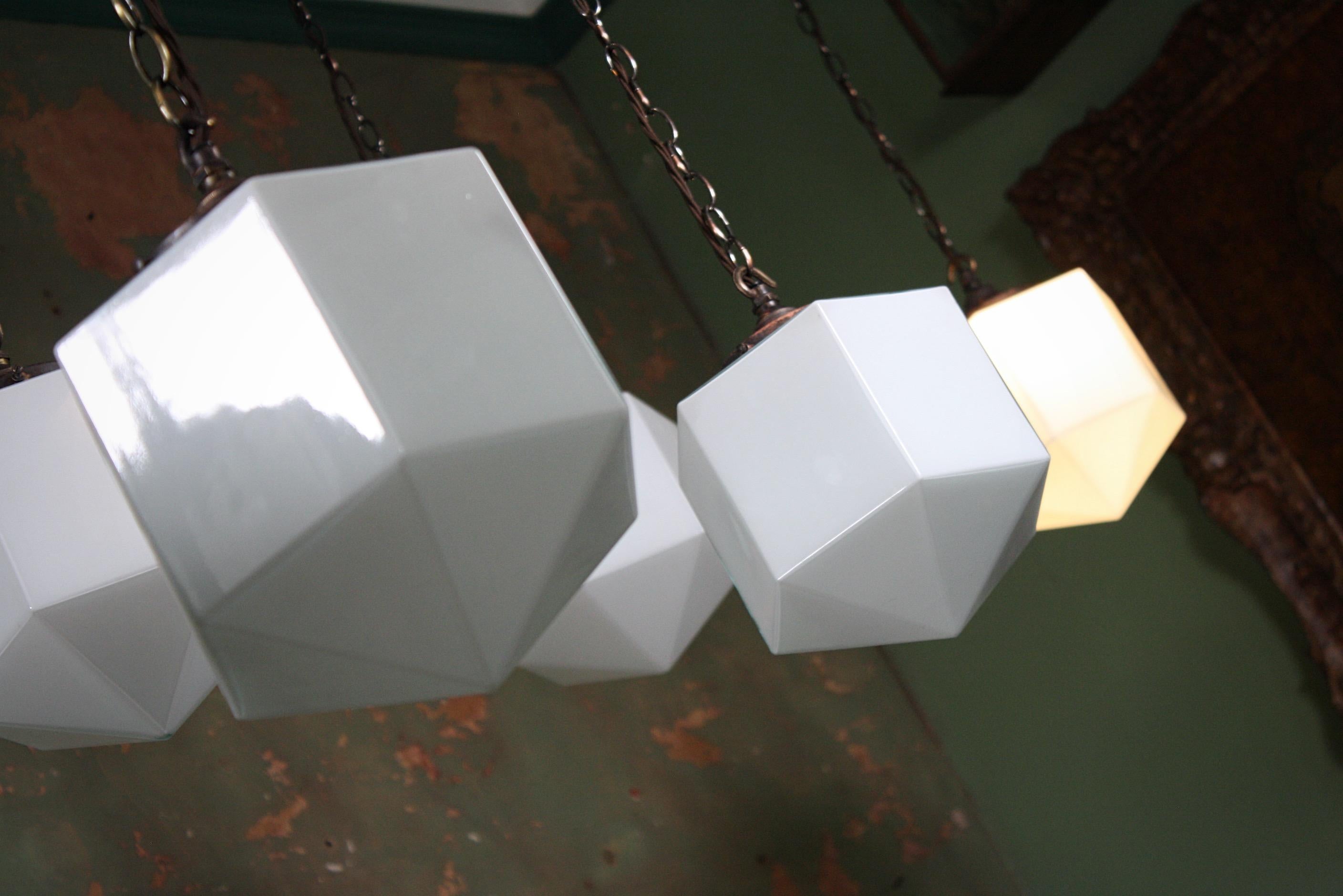 English Early 20th Century Hexagonal Opaline Glass Pendants Lights Art Deco 9 Available