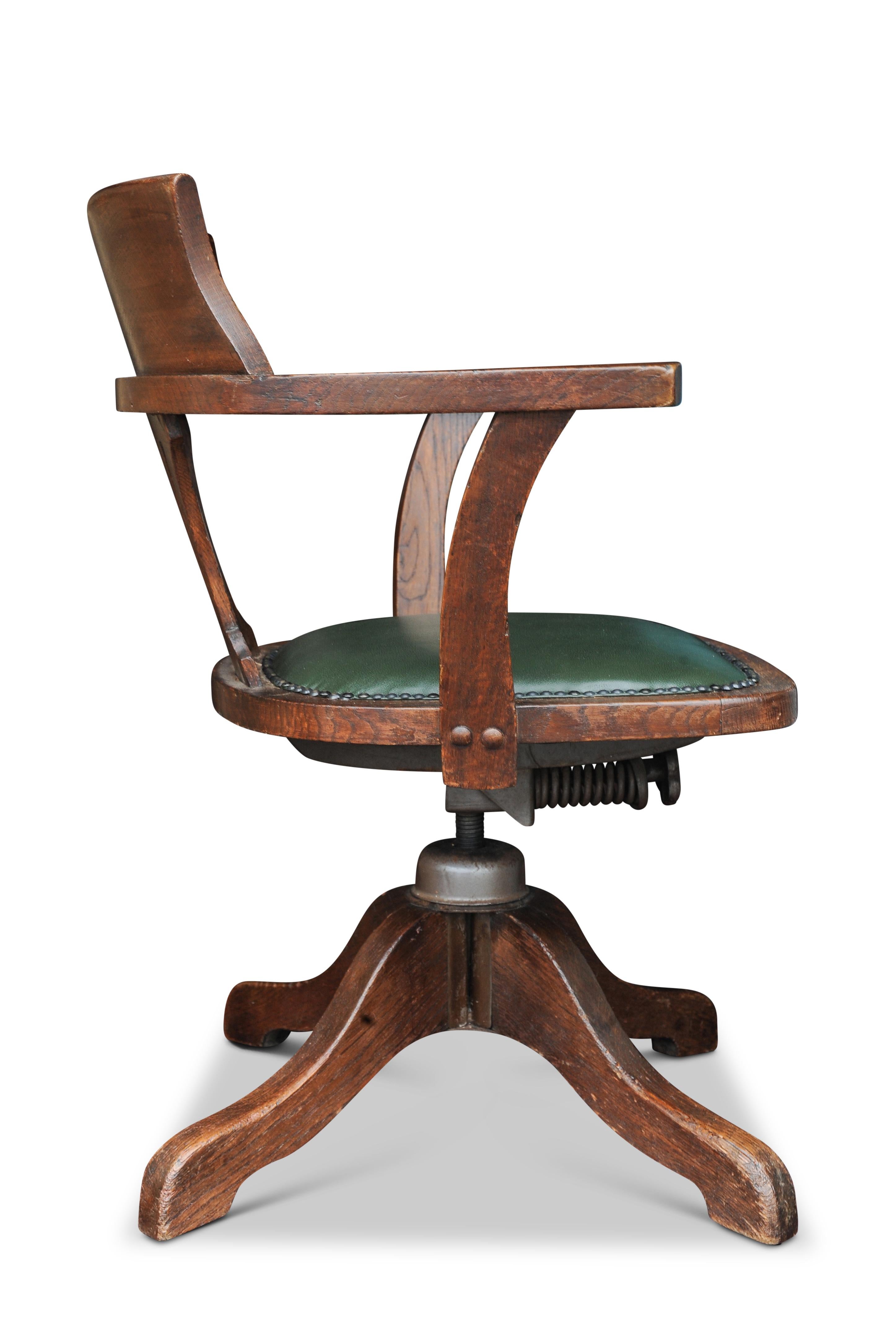 British Early 20th Century Hillcrest Oak Rail Back Leather Revolving Desk Chair For Sale