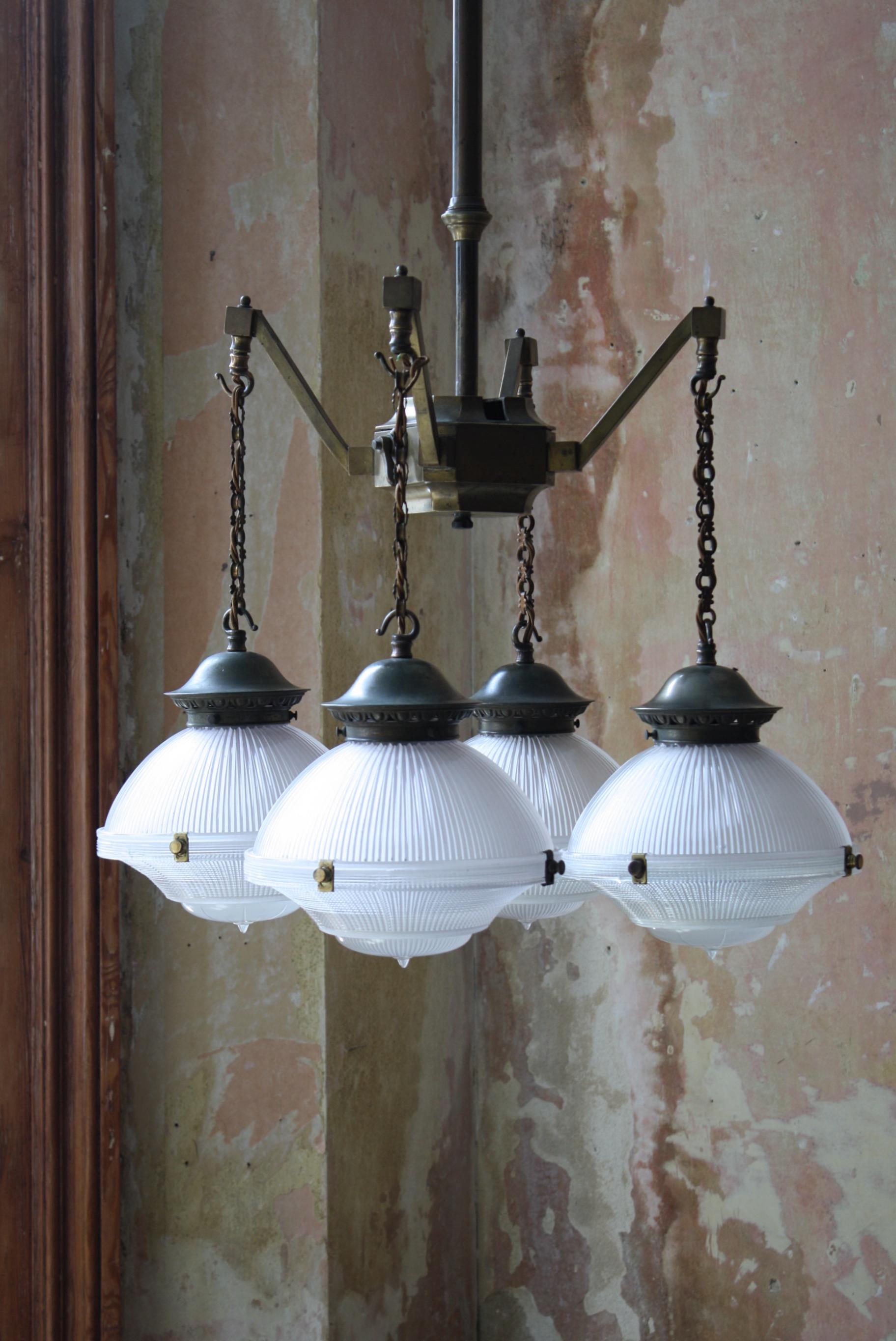 Early 20th Century Holophane Medical Brass Chandelier Lantern Pendant Light  For Sale 8