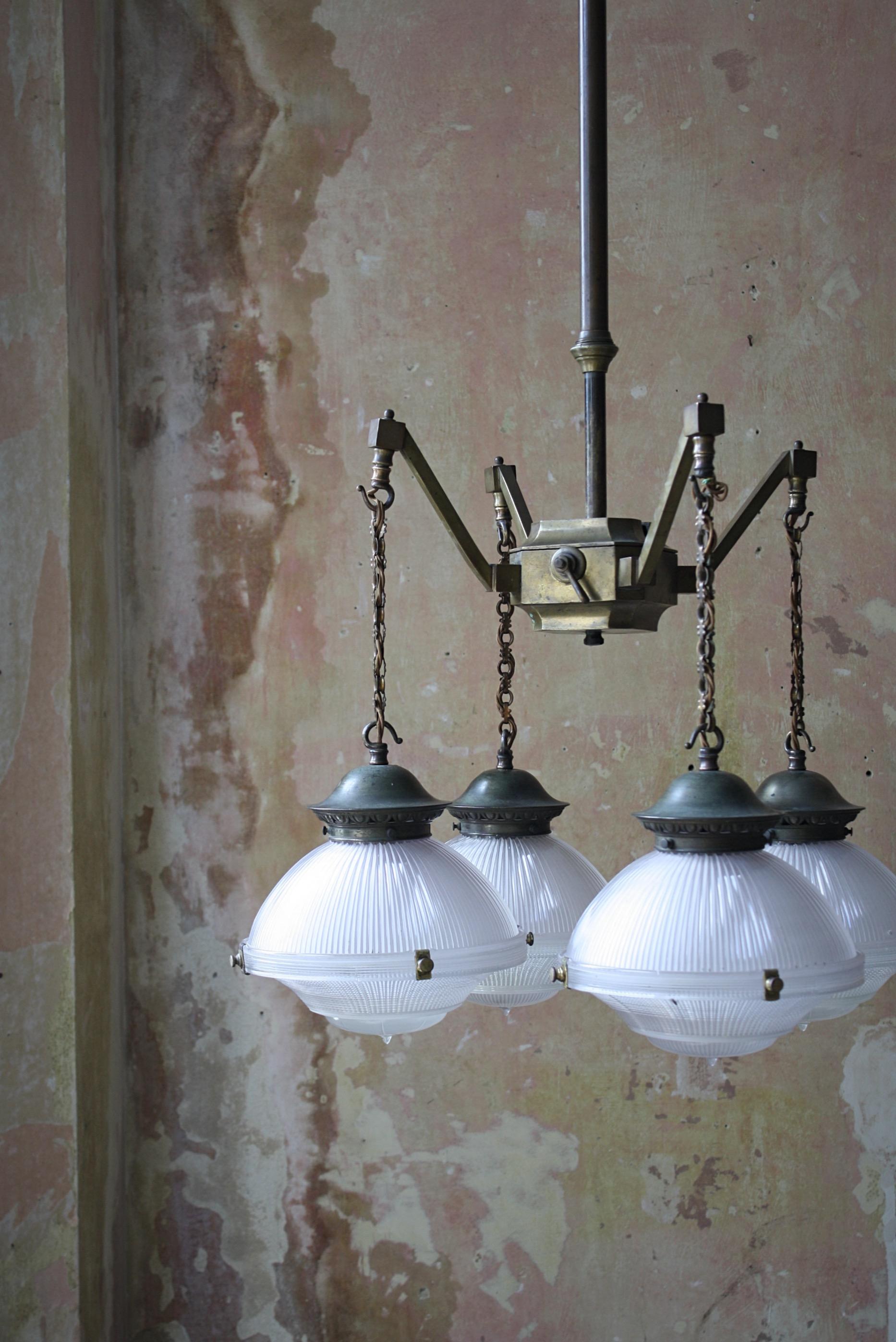 Early 20th Century Holophane Medical Brass Chandelier Lantern Pendant Light  For Sale 12