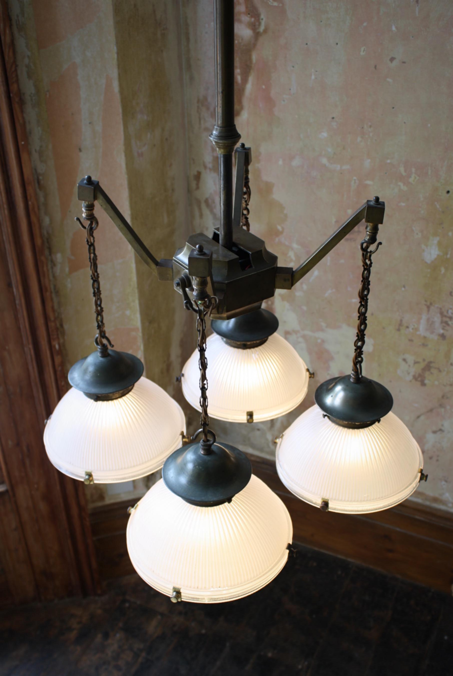 Early 20th Century Holophane Medical Brass Chandelier Lantern Pendant Light  For Sale 5