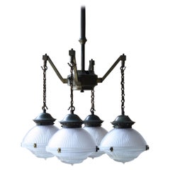 Vintage Early 20th Century Holophane Medical Brass Chandelier Lantern Pendant Light