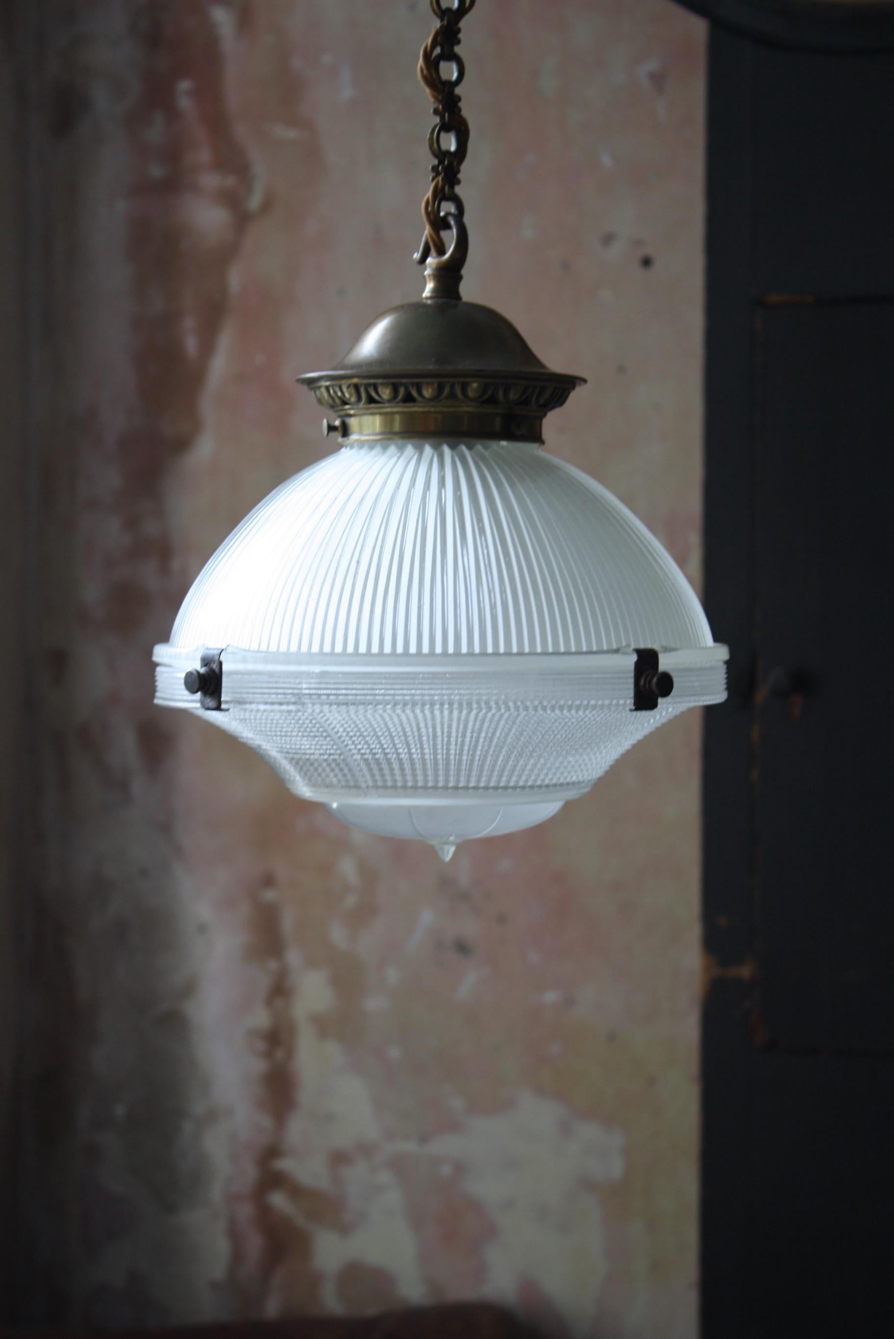 Early 20th Century Holophane Prismatic Glass and Brass Pendant Light 6