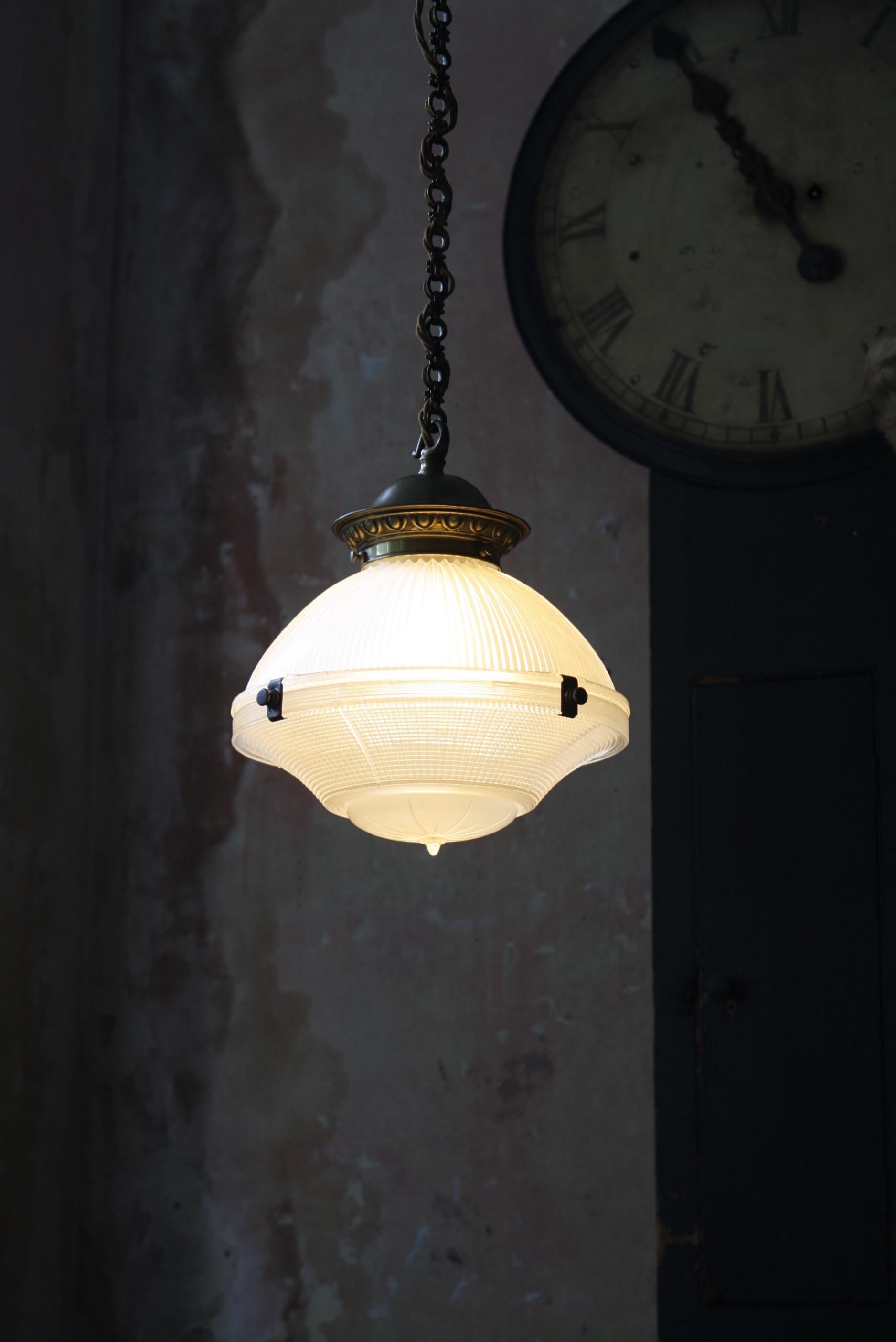 Early 20th Century Holophane Prismatic Glass and Brass Pendant Light 3