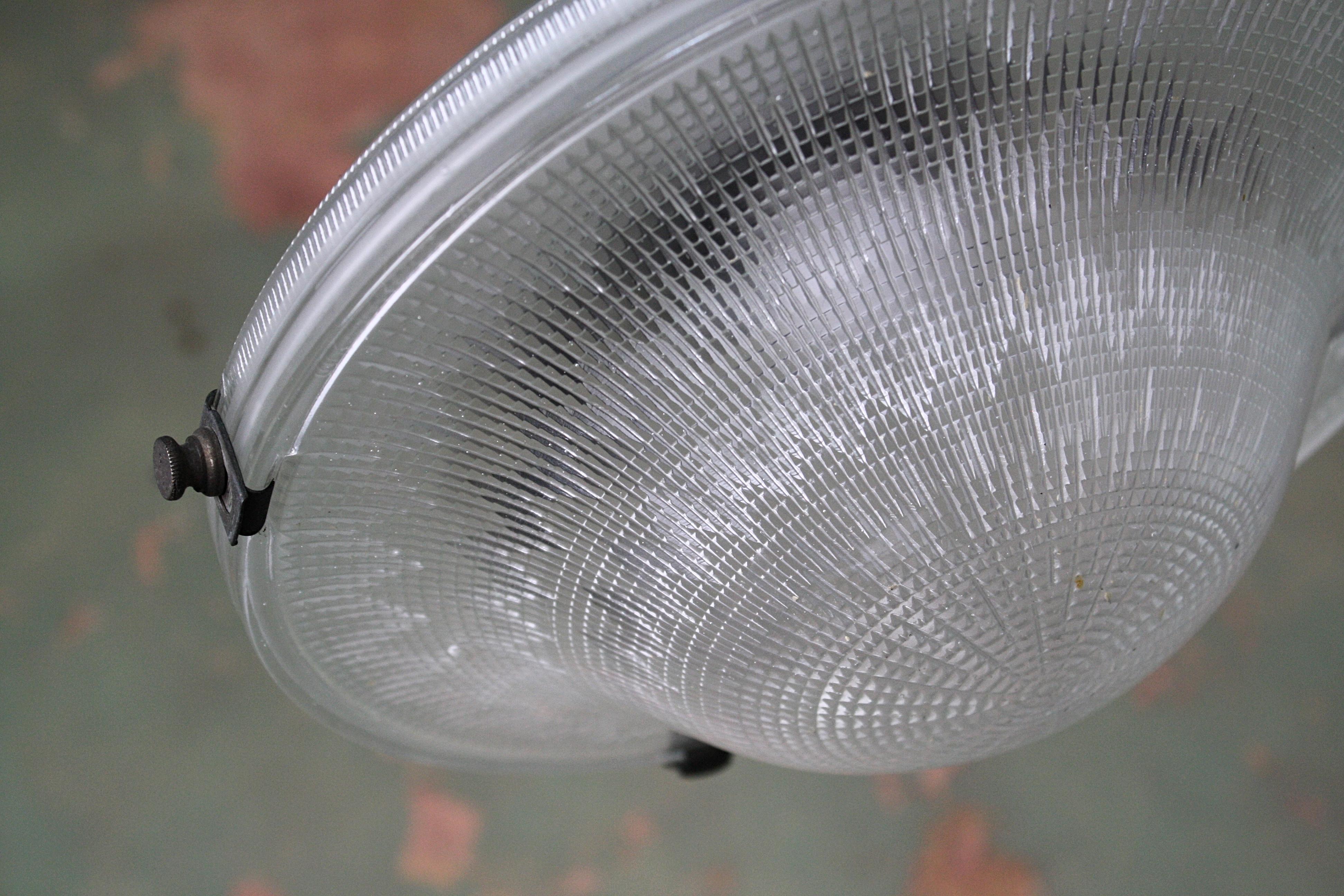 English Early 20th Century Holophane Prismatic Glass Flying Saucer Pendant Light