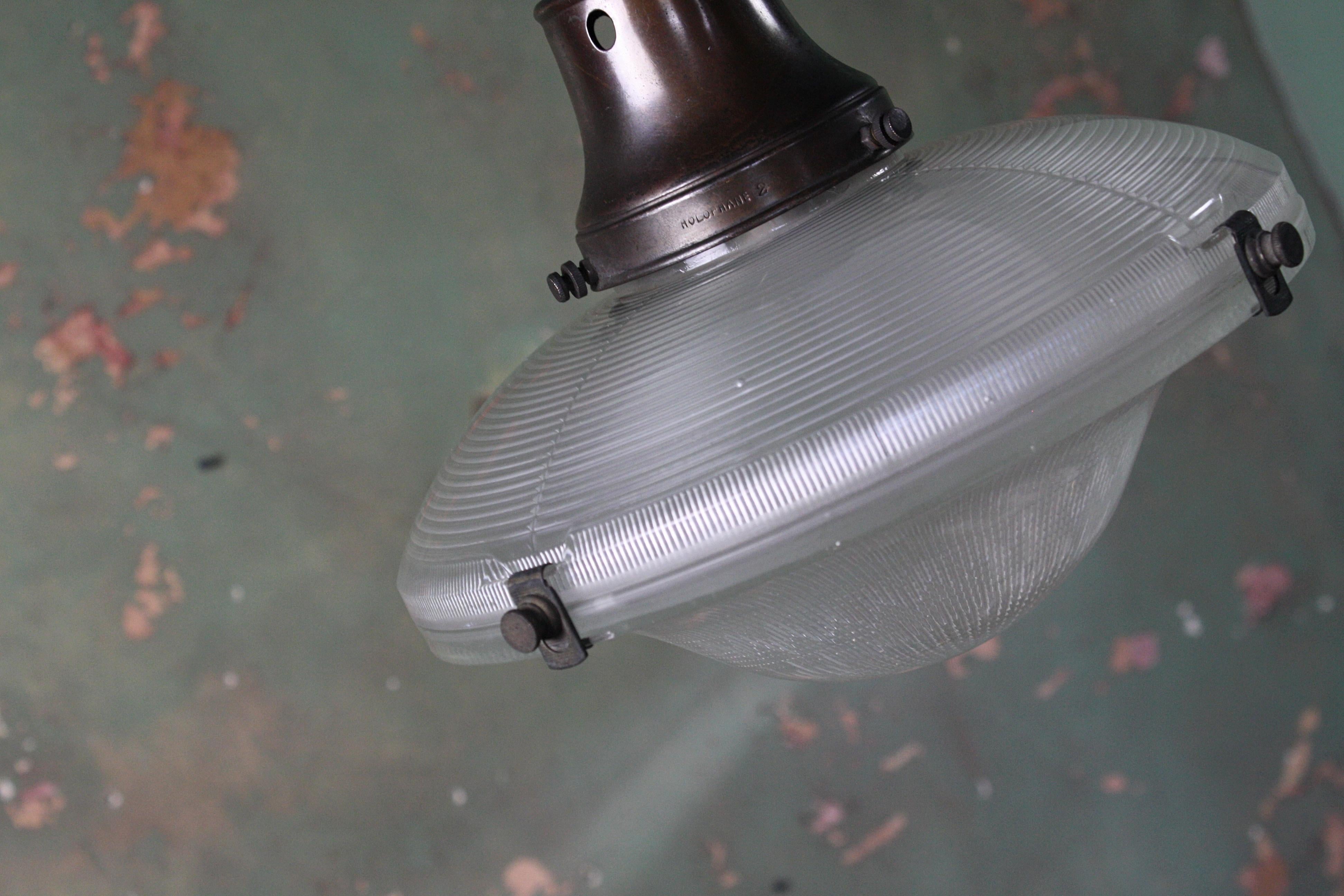 Early 20th Century Holophane Prismatic Glass Flying Saucer Pendant Light In Good Condition In Lowestoft, GB