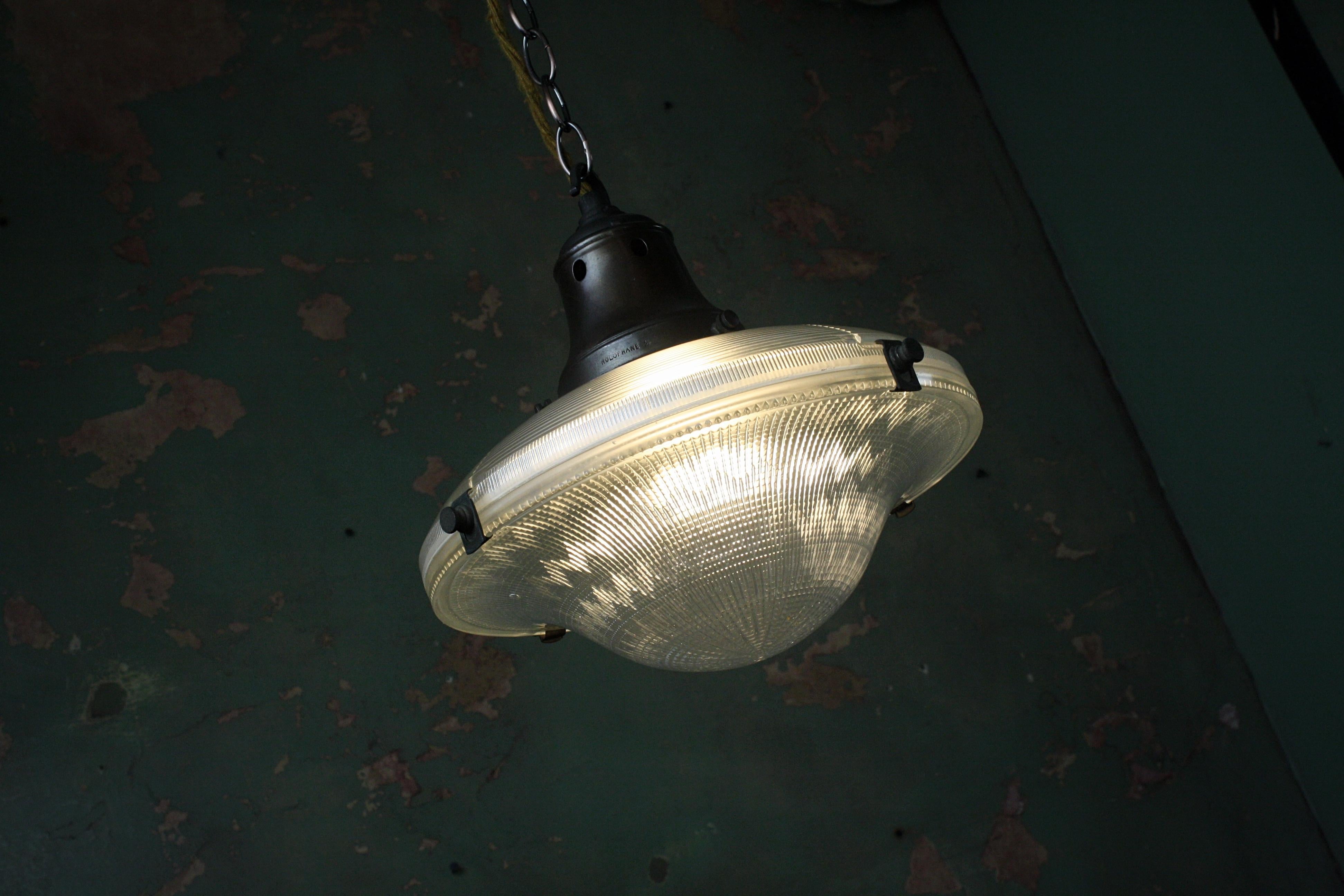 Mid-20th Century Early 20th Century Holophane Prismatic Glass Flying Saucer Pendant Light