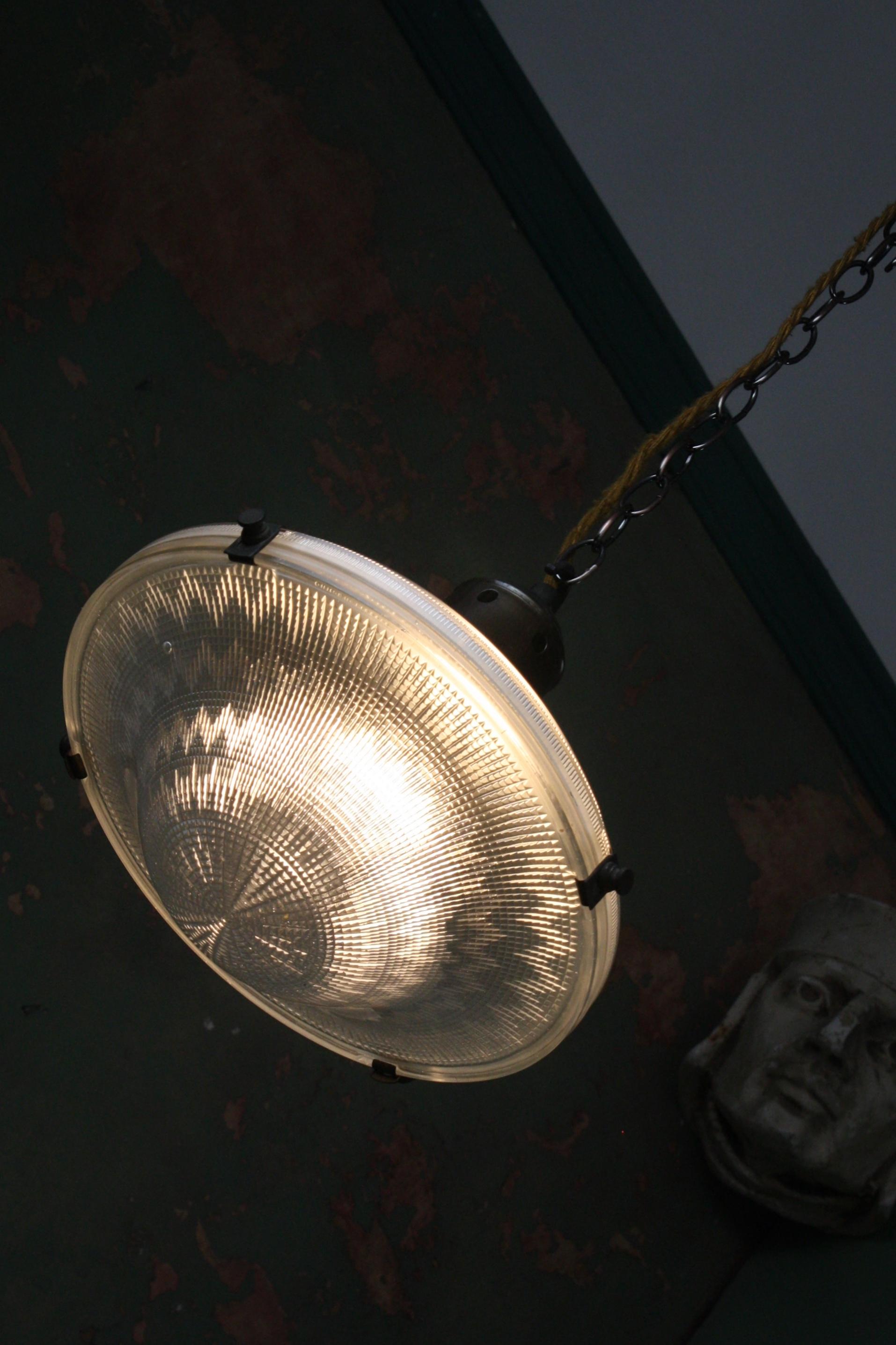 Bronze Early 20th Century Holophane Prismatic Glass Flying Saucer Pendant Light