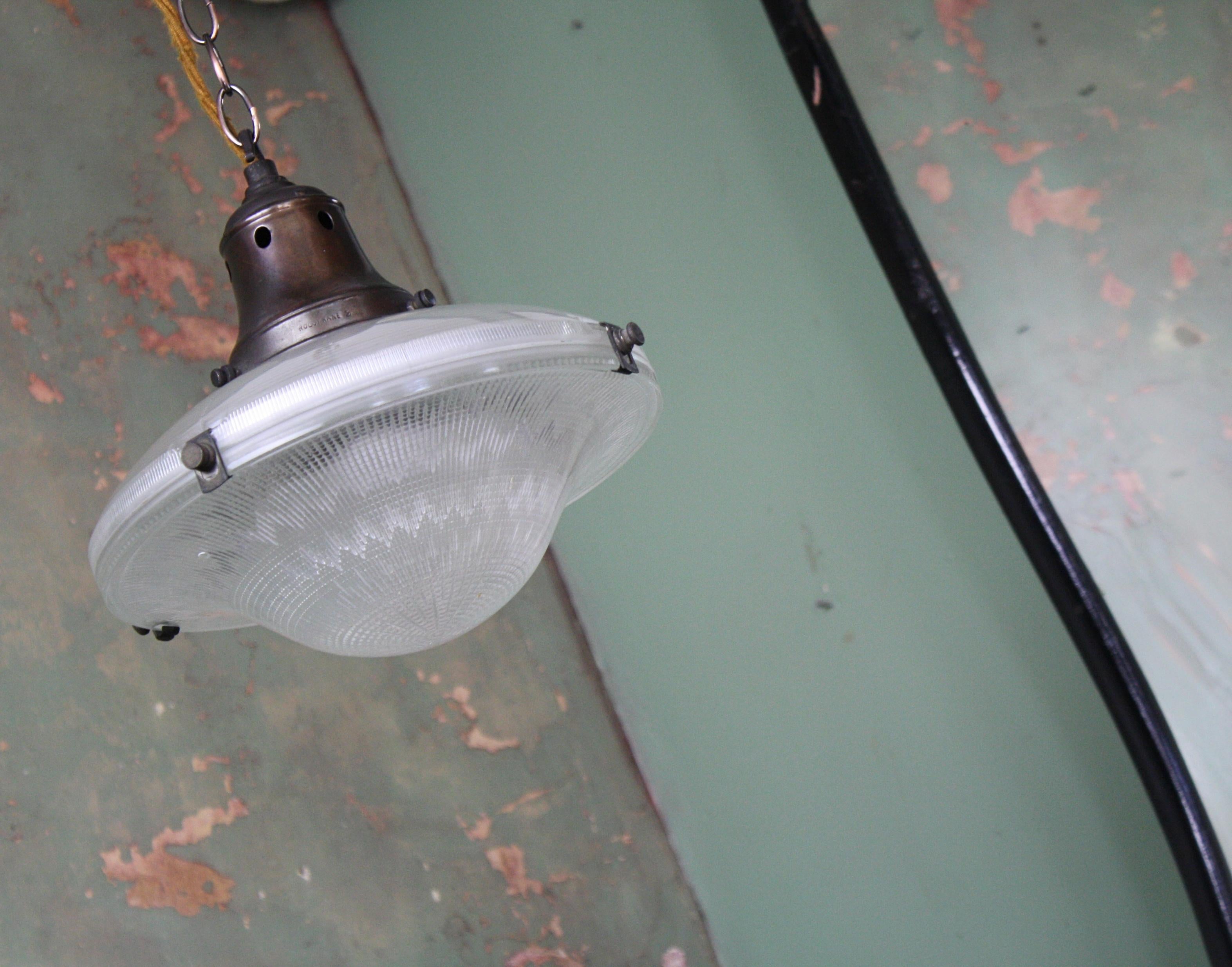 Early 20th Century Holophane Prismatic Glass Flying Saucer Pendant Light 1