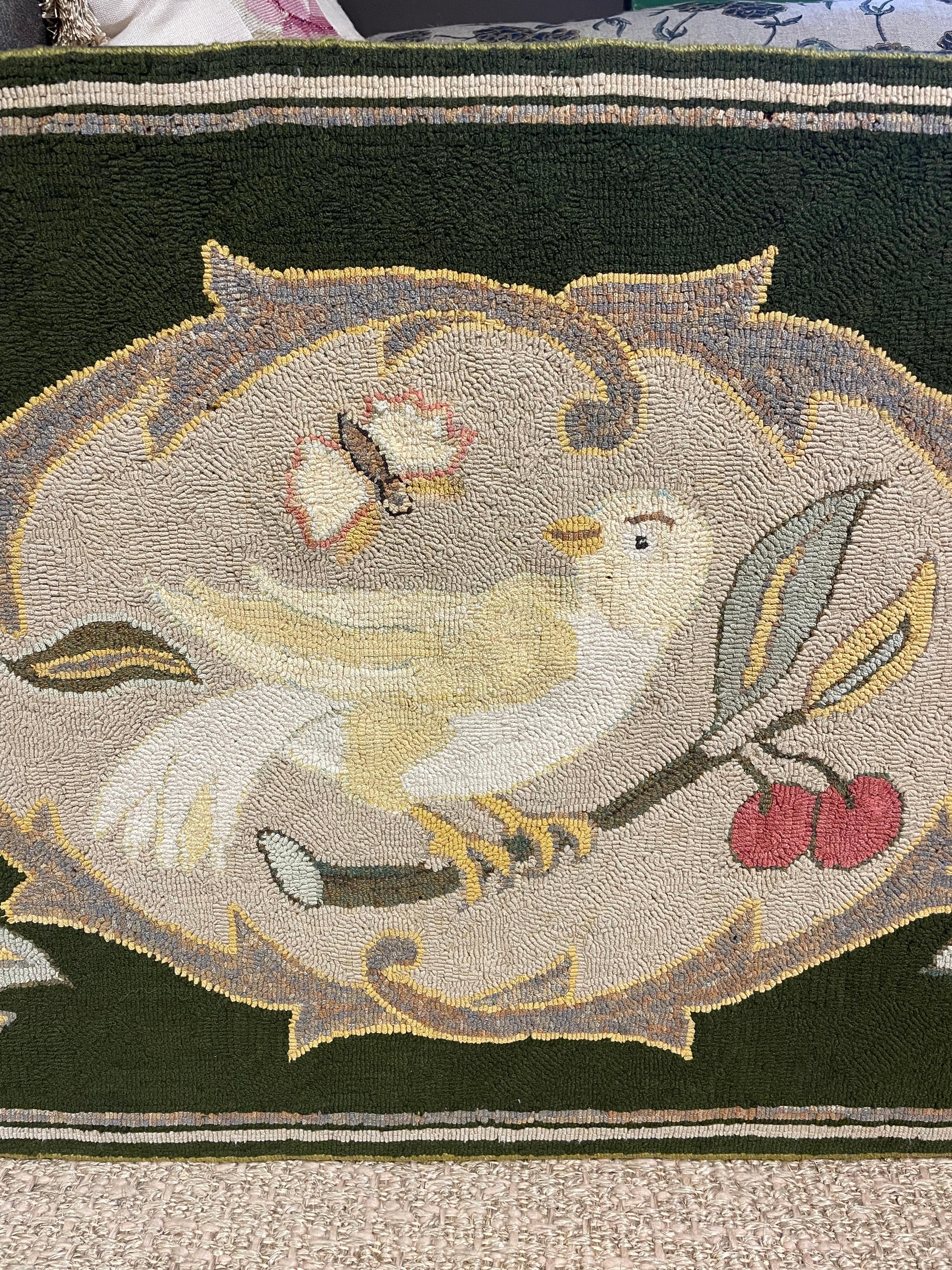 American Early 20th Century Hooked Rug of Dove and Cherry Branch, Mounted for Hanging For Sale